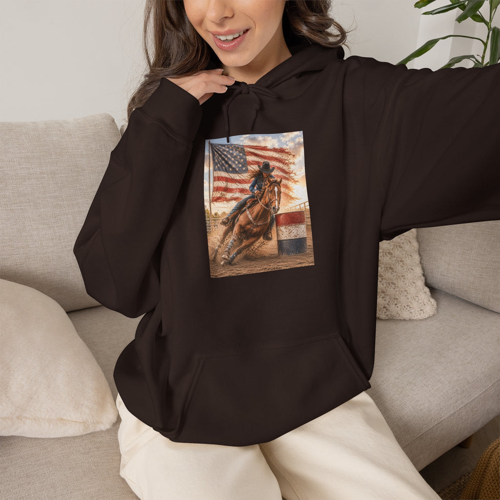 Patriotic Rodeo Horse Hoodie – American Flag Cowboy Pulled by Horse Pullover