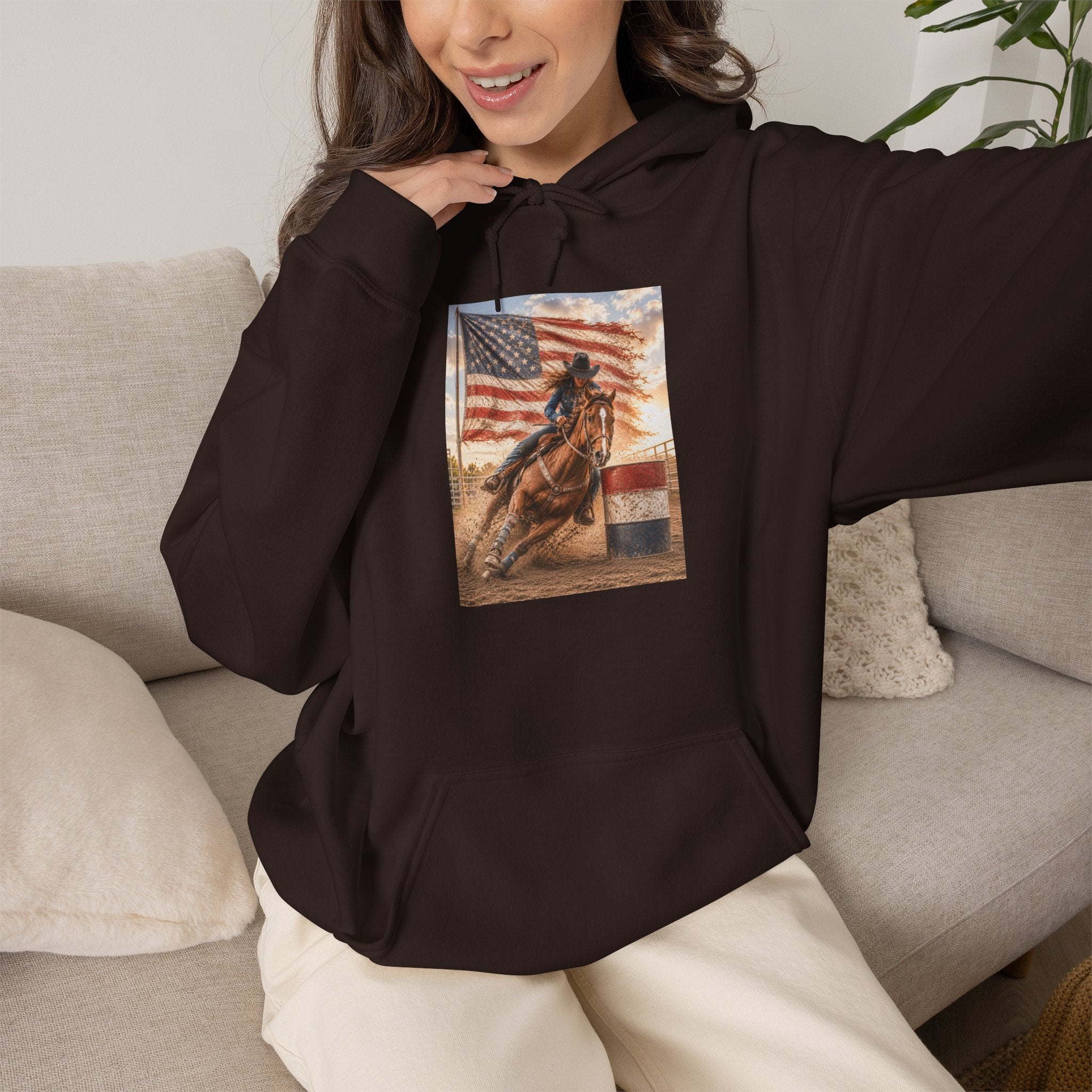 Patriotic Rodeo Horse Hoodie – American Flag Cowboy Pulled by Horse Pullover