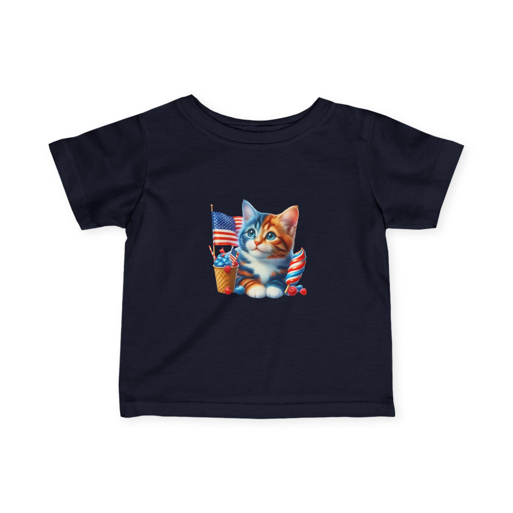 Infant Tee — Patriotic Kitten with Flags & Ice Cream (4th of July Baby Shirt)