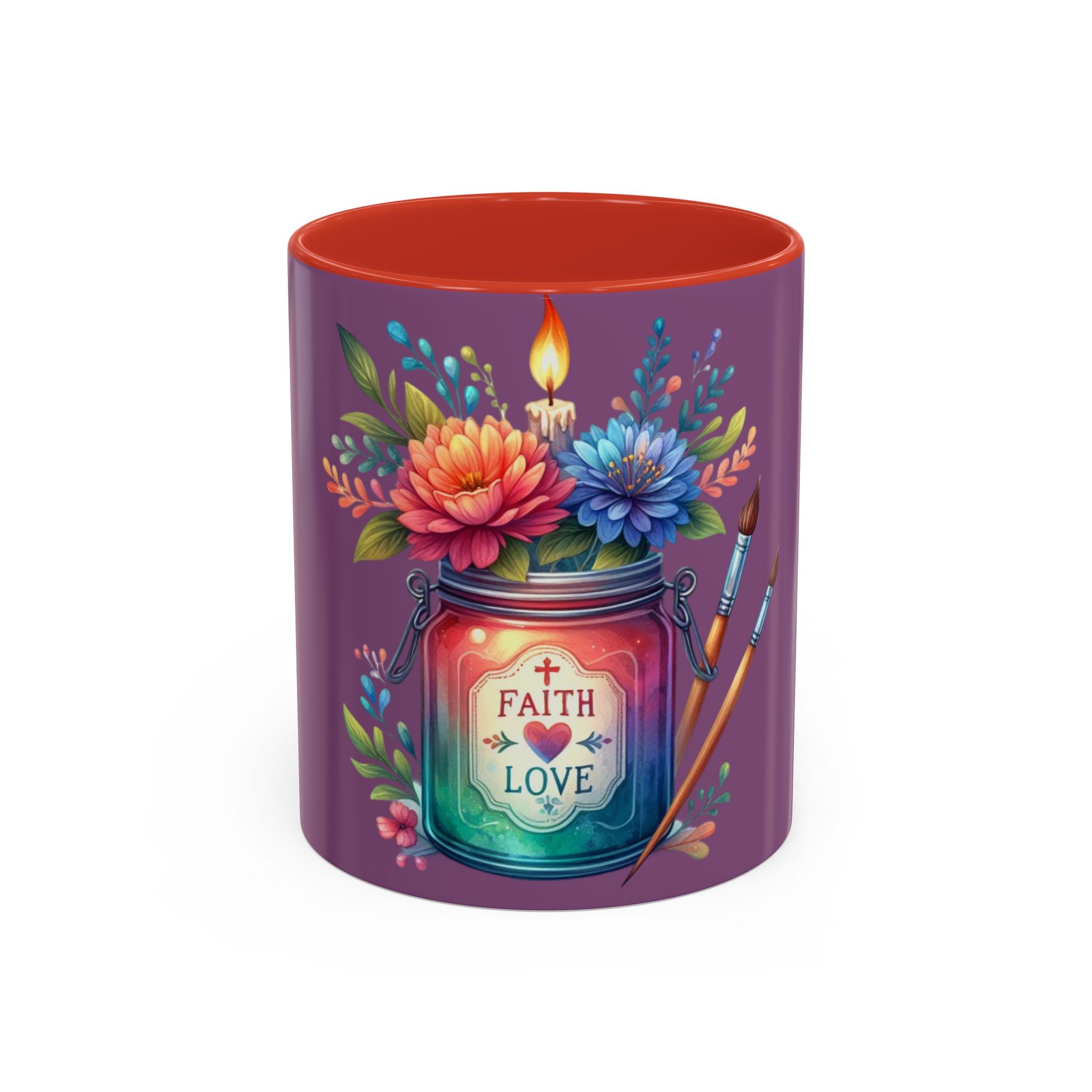 Faith & Love Floral Accent Coffee Mug — Colorful Candle Jar Design (11/15oz)