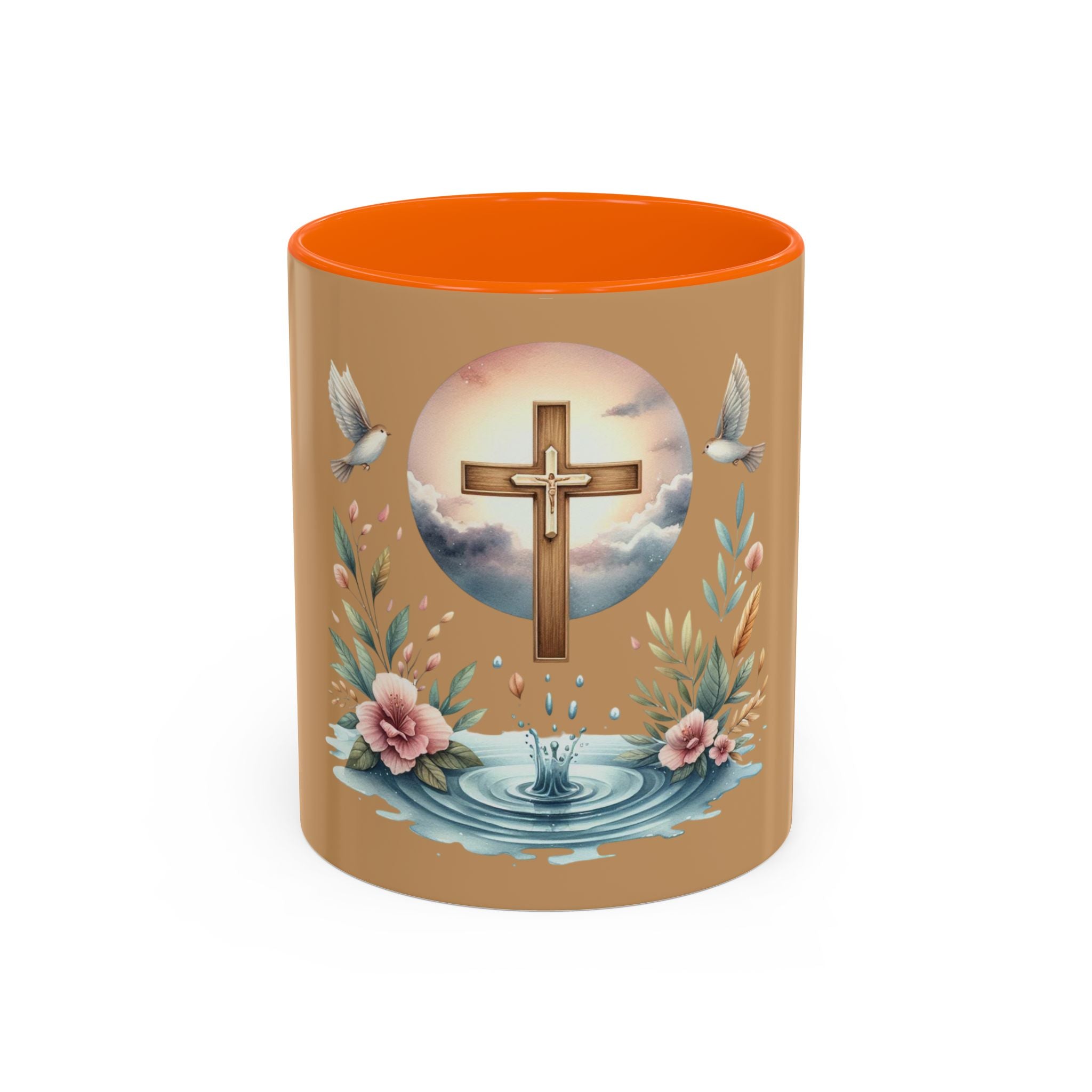 Christian Cross Accent Coffee Mug — Faith, Doves & Floral Baptism Gift (11/15oz)