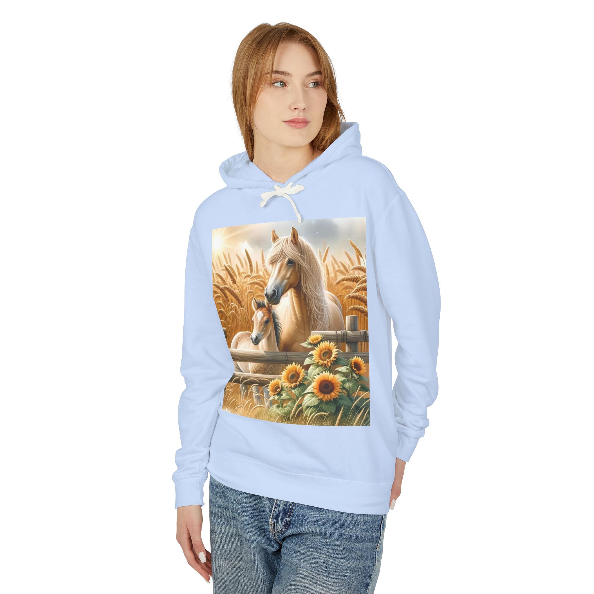 Horse & Foal Sunflower Hoodie — Pastel Farm Animal Sweatshirt
