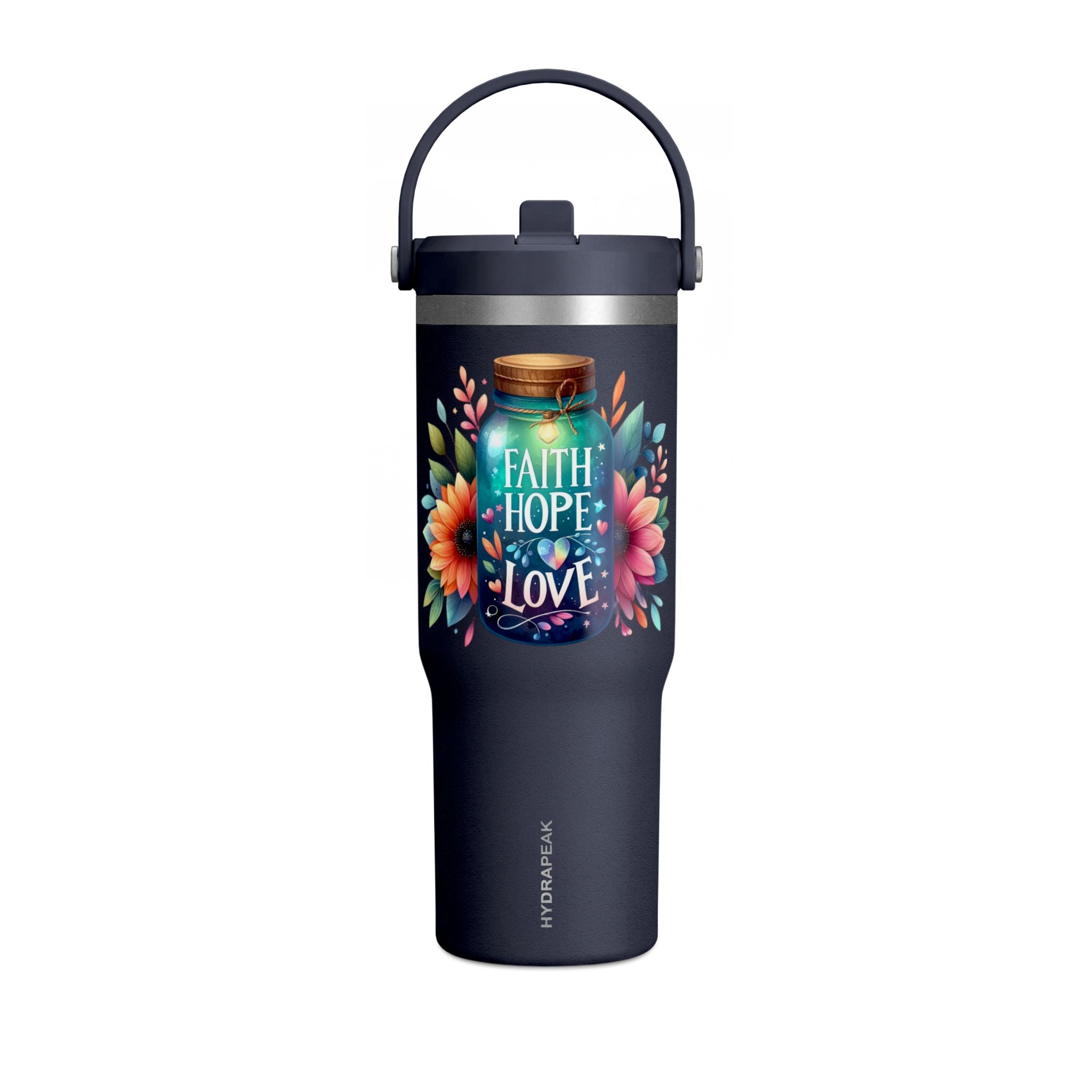 Faith Hope Love Tumbler — 32oz Insulated Travel Tumbler with Floral Jar Design