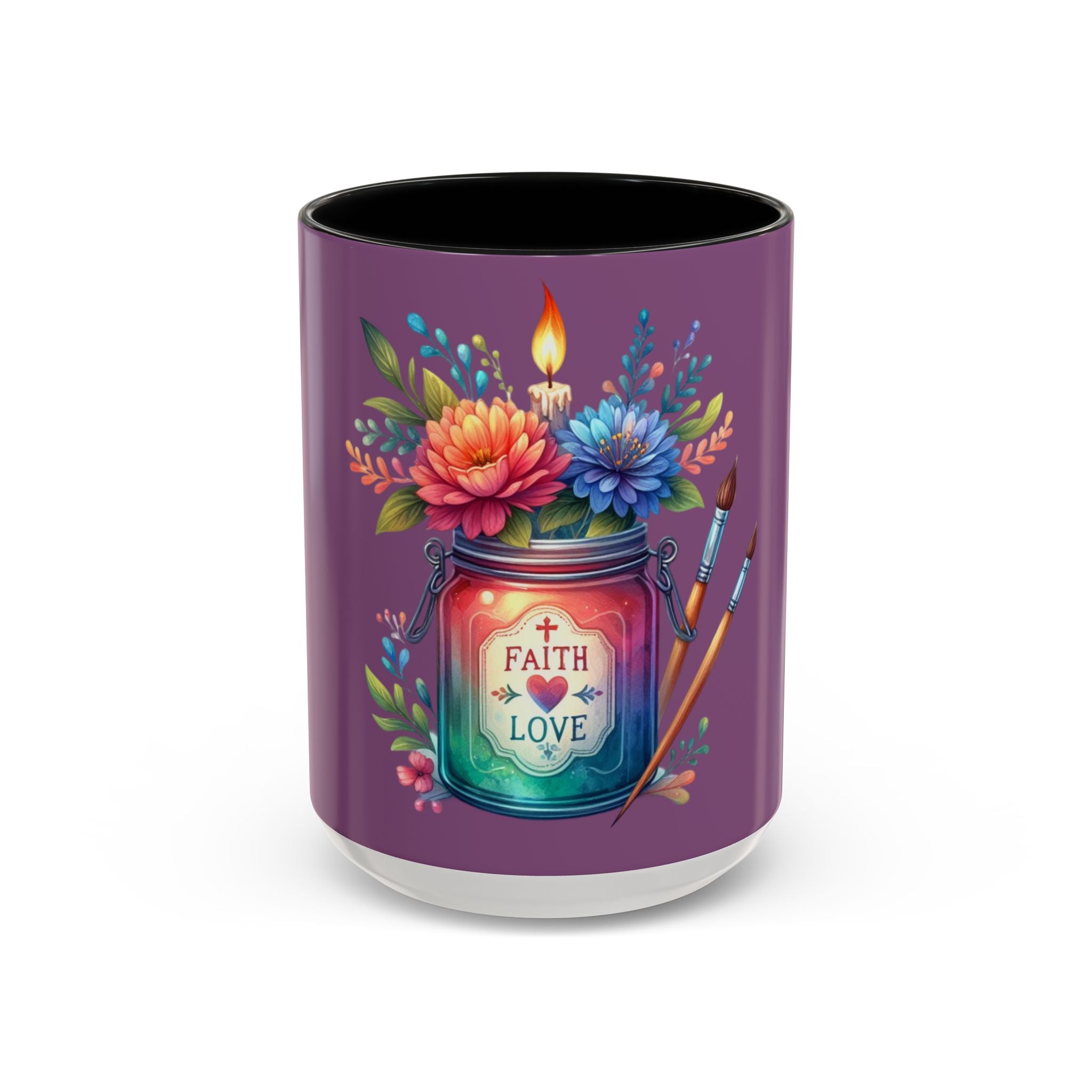 Faith & Love Floral Accent Coffee Mug — Colorful Candle Jar Design (11/15oz)