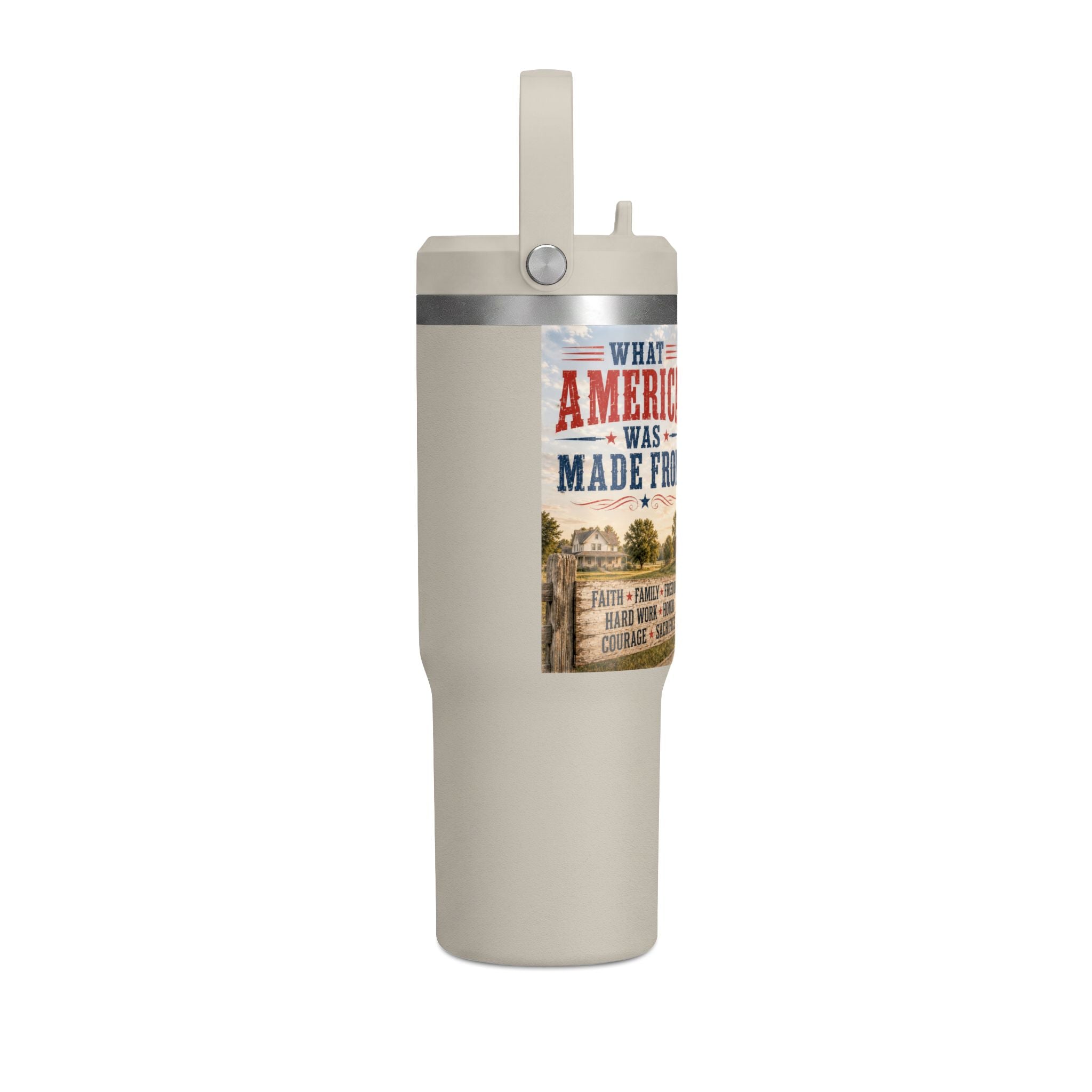 32oz Insulated Tumbler — Rustic 'What America Was Made From' Farm Flag Design