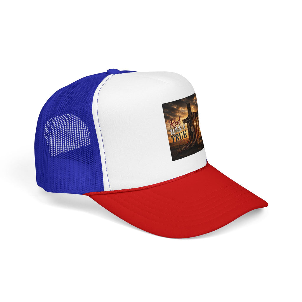 Trucker Hat — "God Made A Farmer" Cross Sunset Foam Trucker Hat