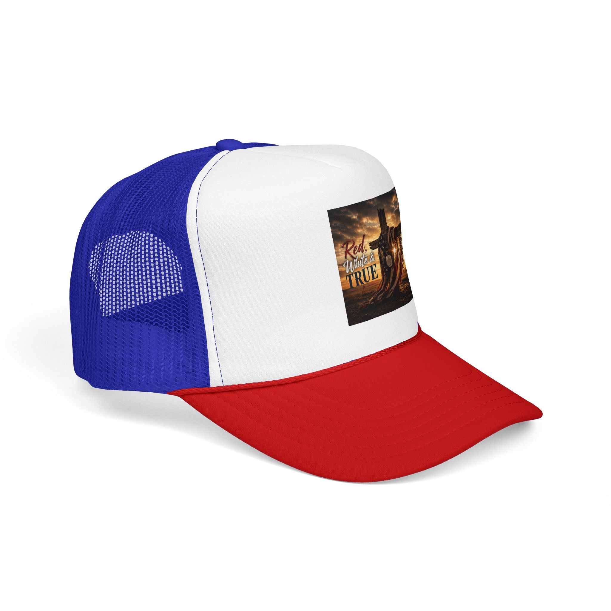 Trucker Hat — "God Made A Farmer" Cross Sunset Foam Trucker Hat