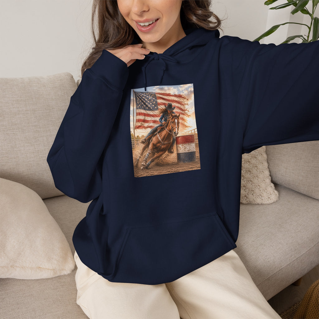 Patriotic Rodeo Horse Hoodie – American Flag Cowboy Pulled by Horse Pullover
