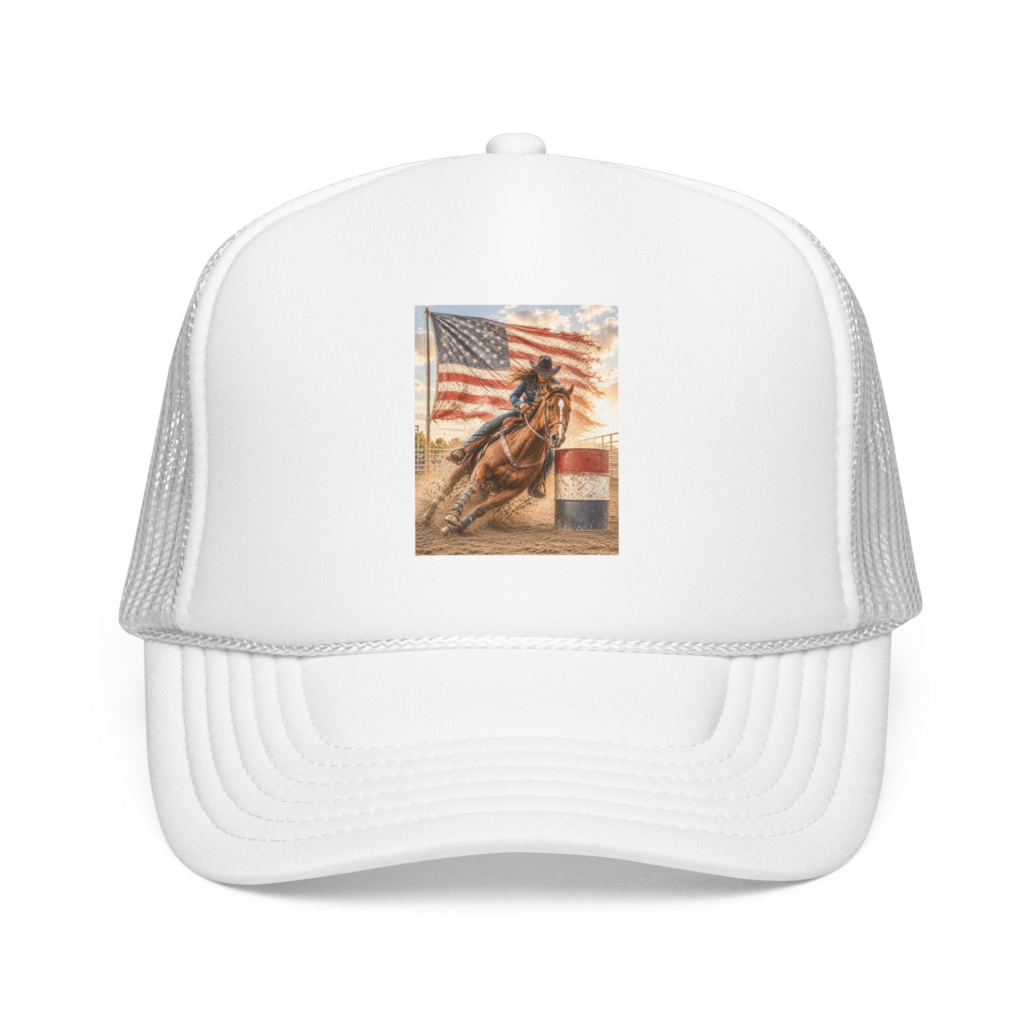 Western Rodeo Trucker Hat — Barrel Racing Horse with American Flag