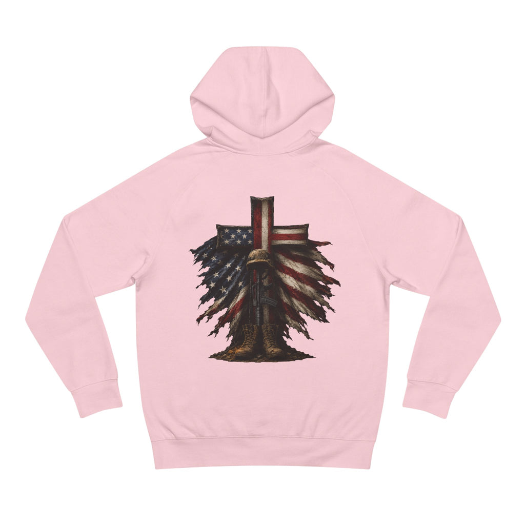 American Flag Cross Hoodie — Patriotic Skull & Wings Back Graphic