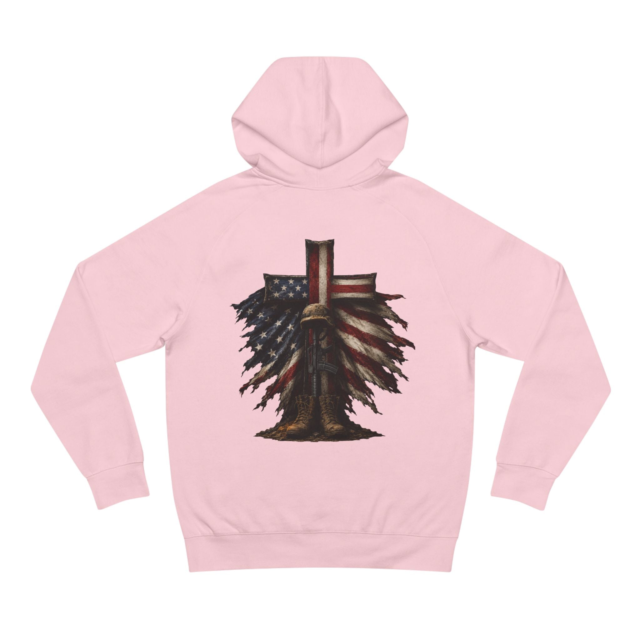 American Flag Cross Hoodie — Patriotic Skull & Wings Back Graphic