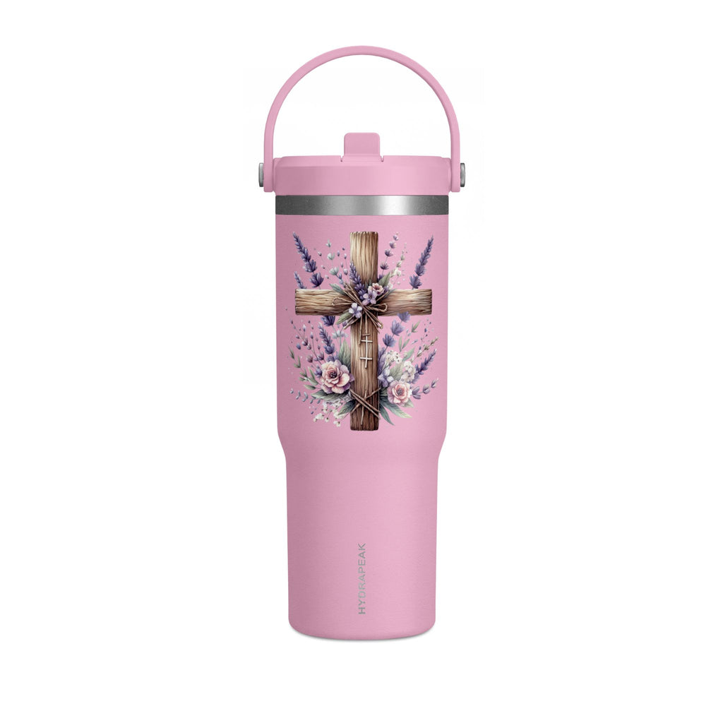 32oz Tumbler with Floral Cross Design — Christian Hydration Bottle | Lavender & Rose Nomad Tumbler