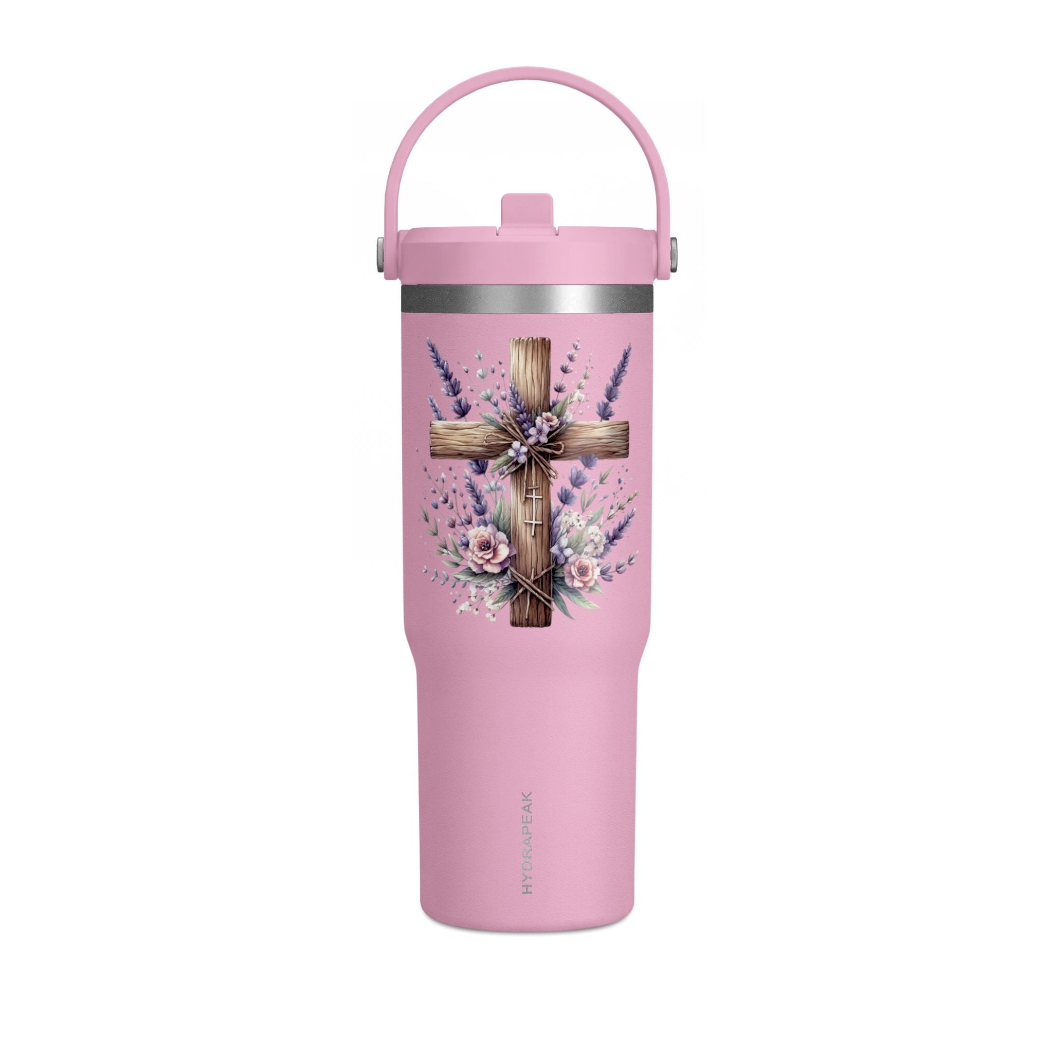 32oz Tumbler with Floral Cross Design — Christian Hydration Bottle | Lavender & Rose Nomad Tumbler
