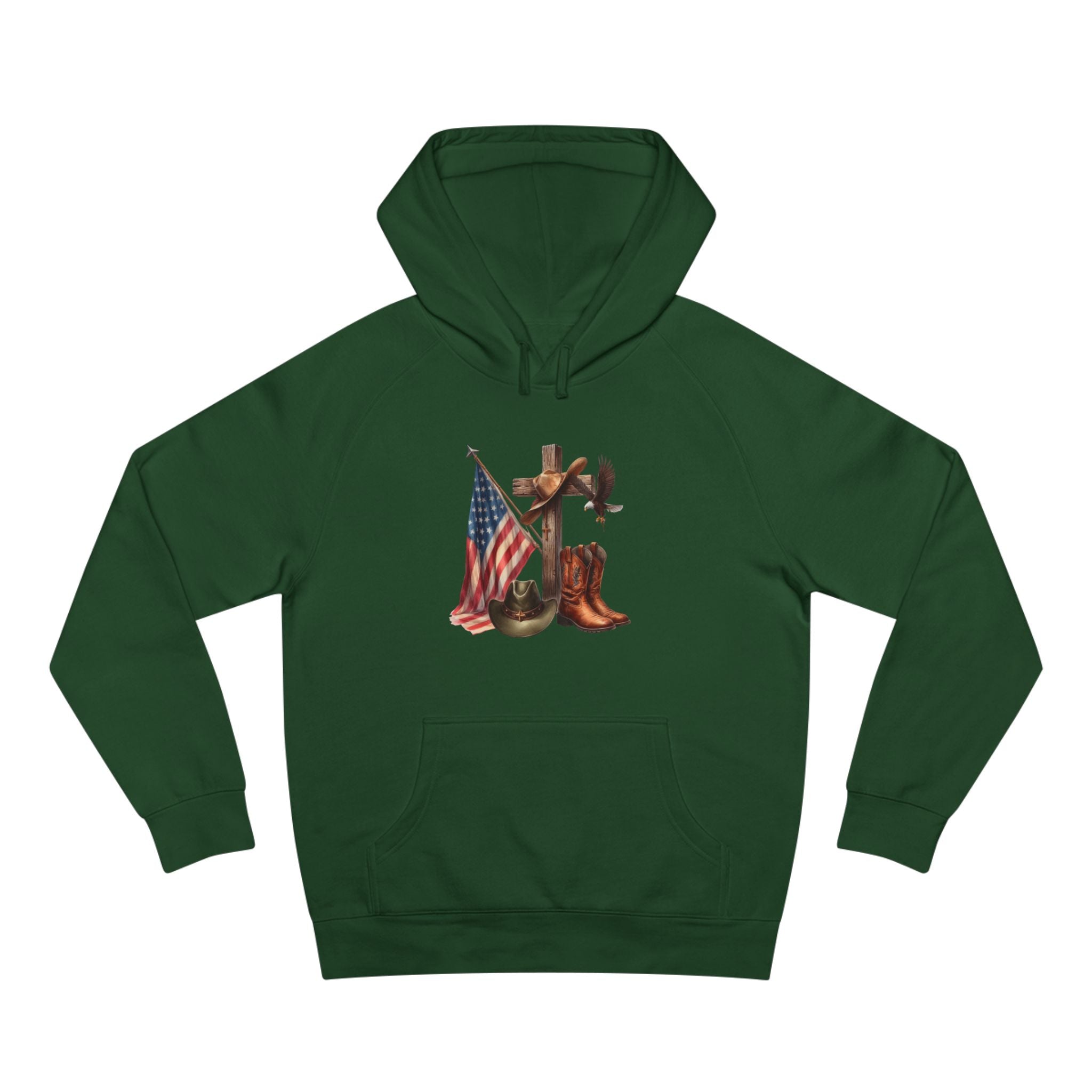 Patriotic Western Hoodie – American Flag, Cowboy Boots & Cross Graphic