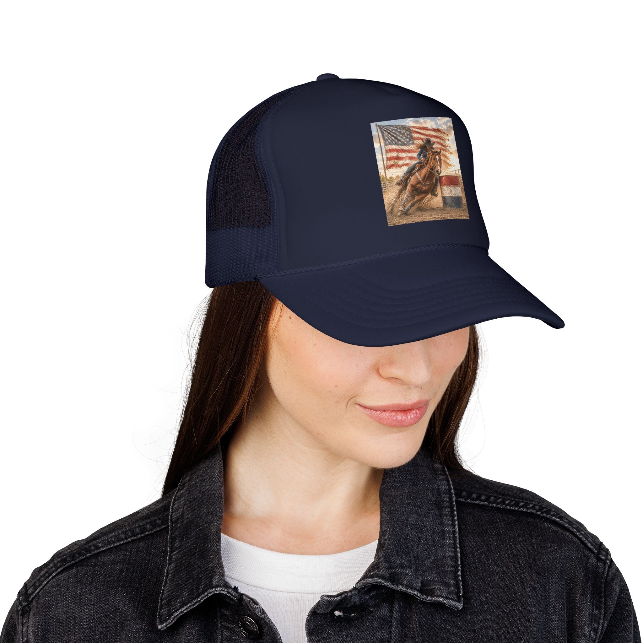 Western Rodeo Trucker Hat — Barrel Racing Horse with American Flag