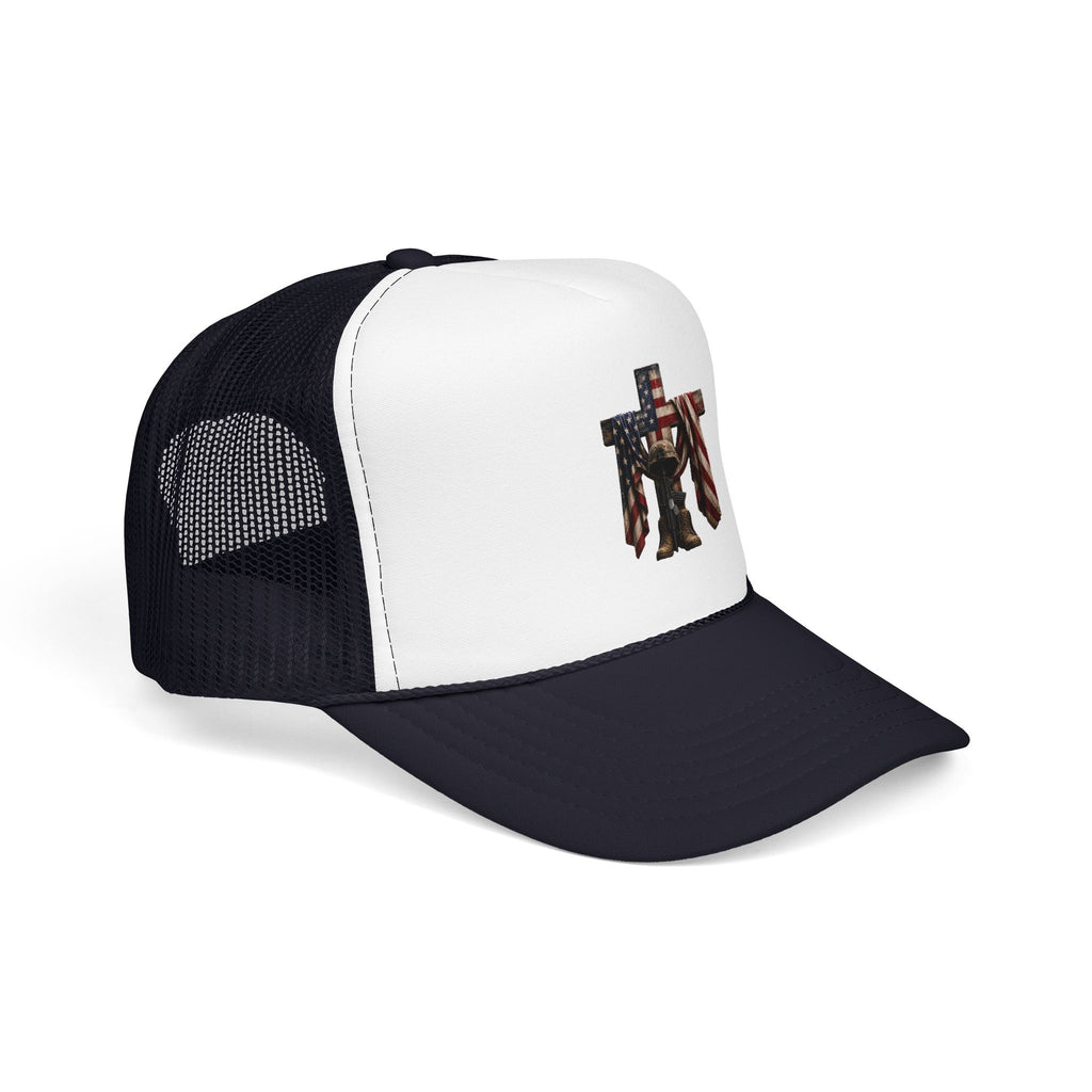 Trucker Hat — American Flag Cross with Soldier Memorial Design
