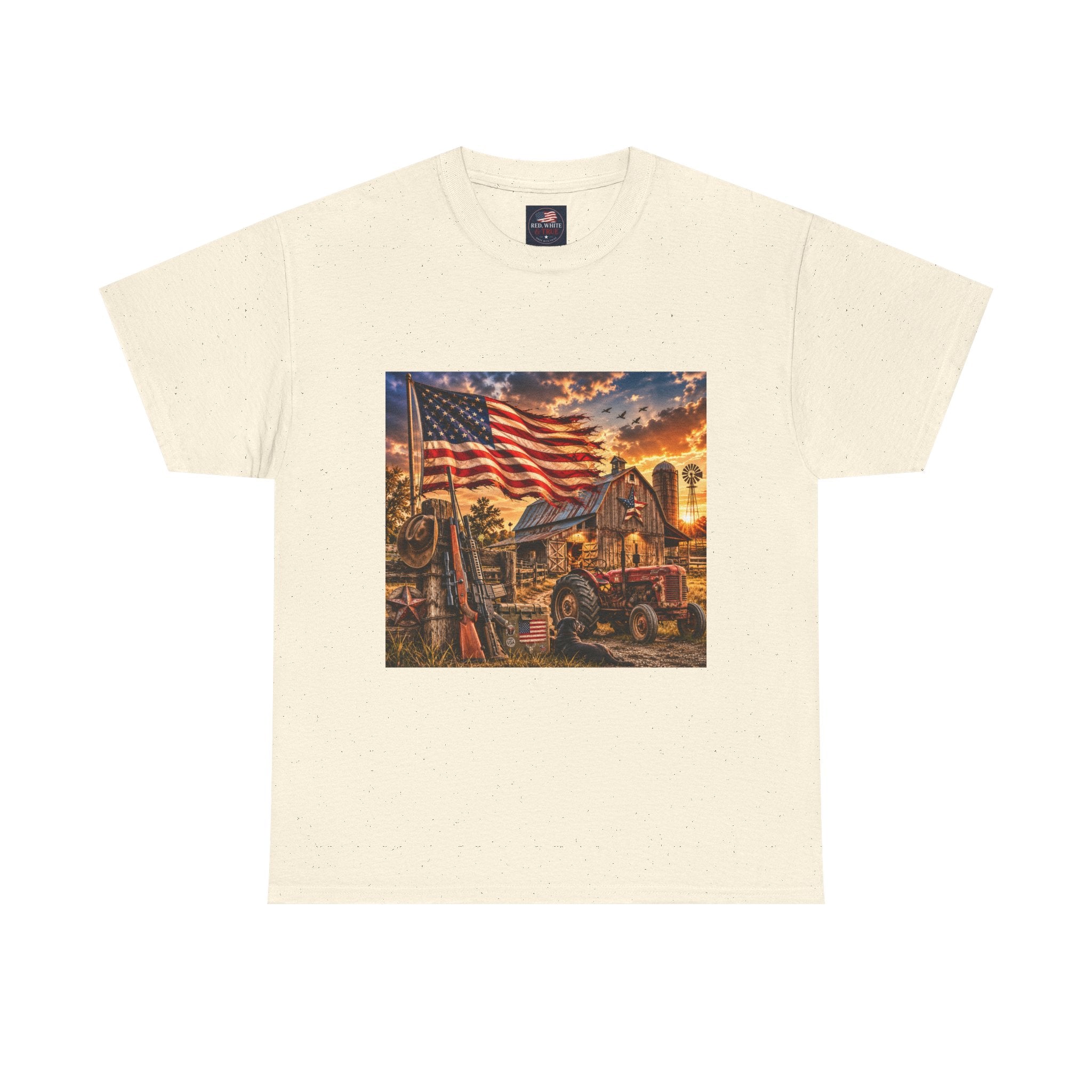 American Farm Sunset T-Shirt – Vintage Truck & Flag Rustic Patriotic Tee