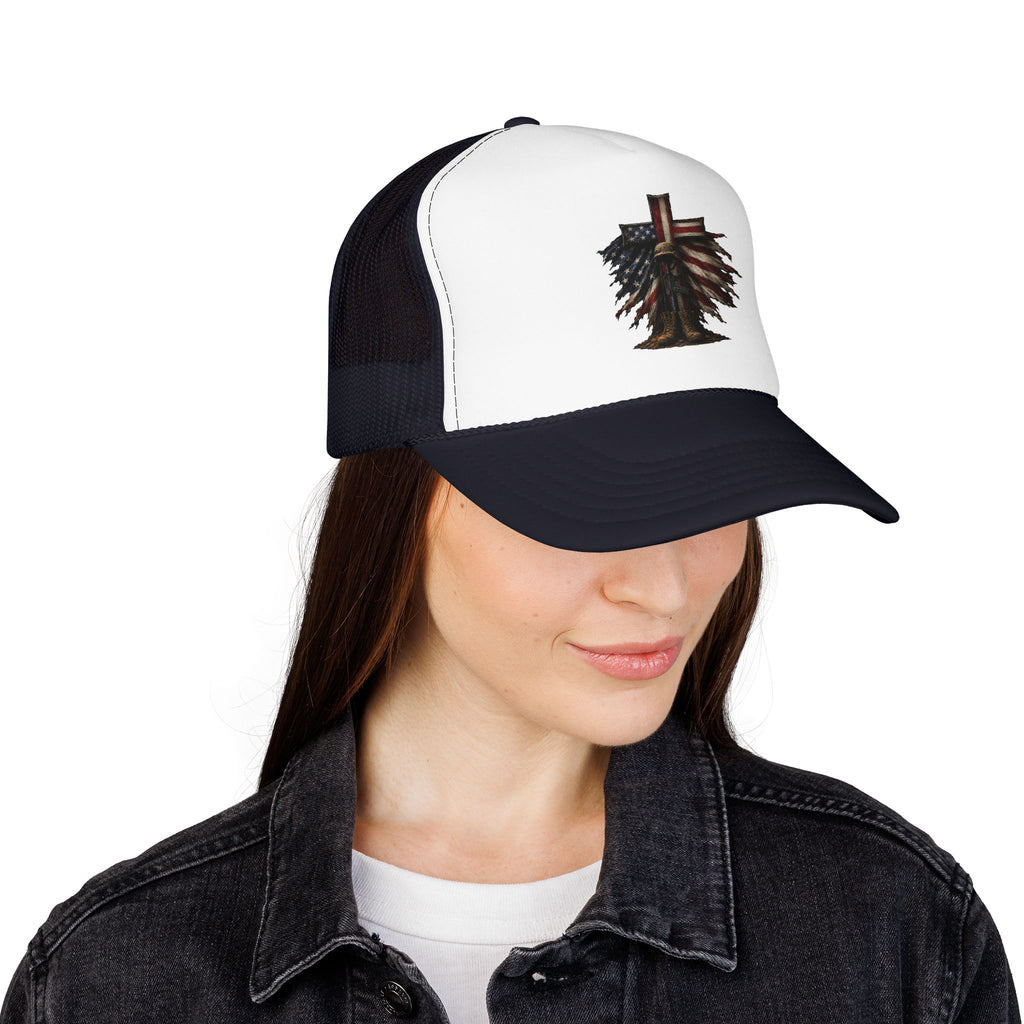 Patriotic Cross Trucker Hat — American Flag Feather Cross Foam Cap