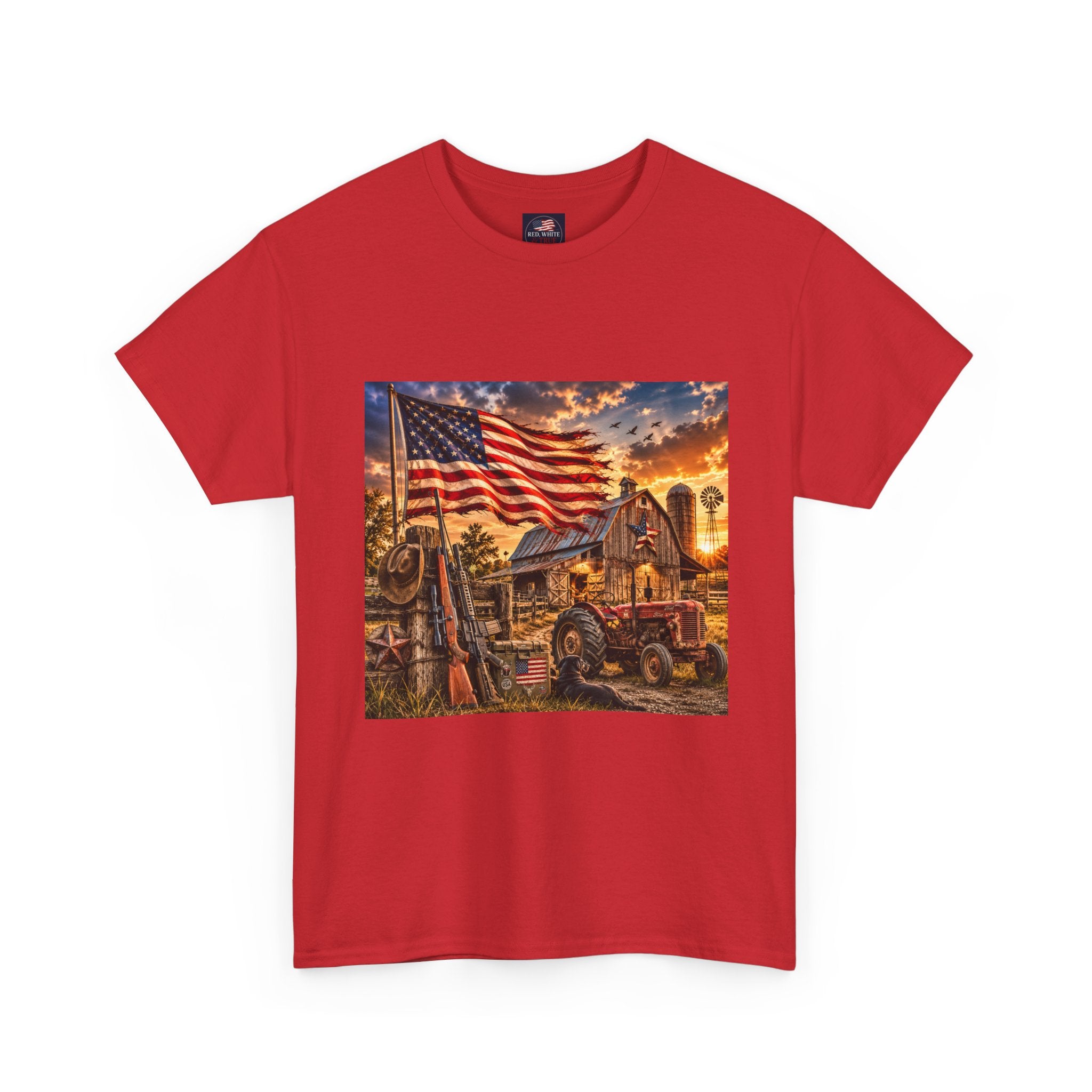 American Farm Sunset T-Shirt – Vintage Truck & Flag Rustic Patriotic Tee
