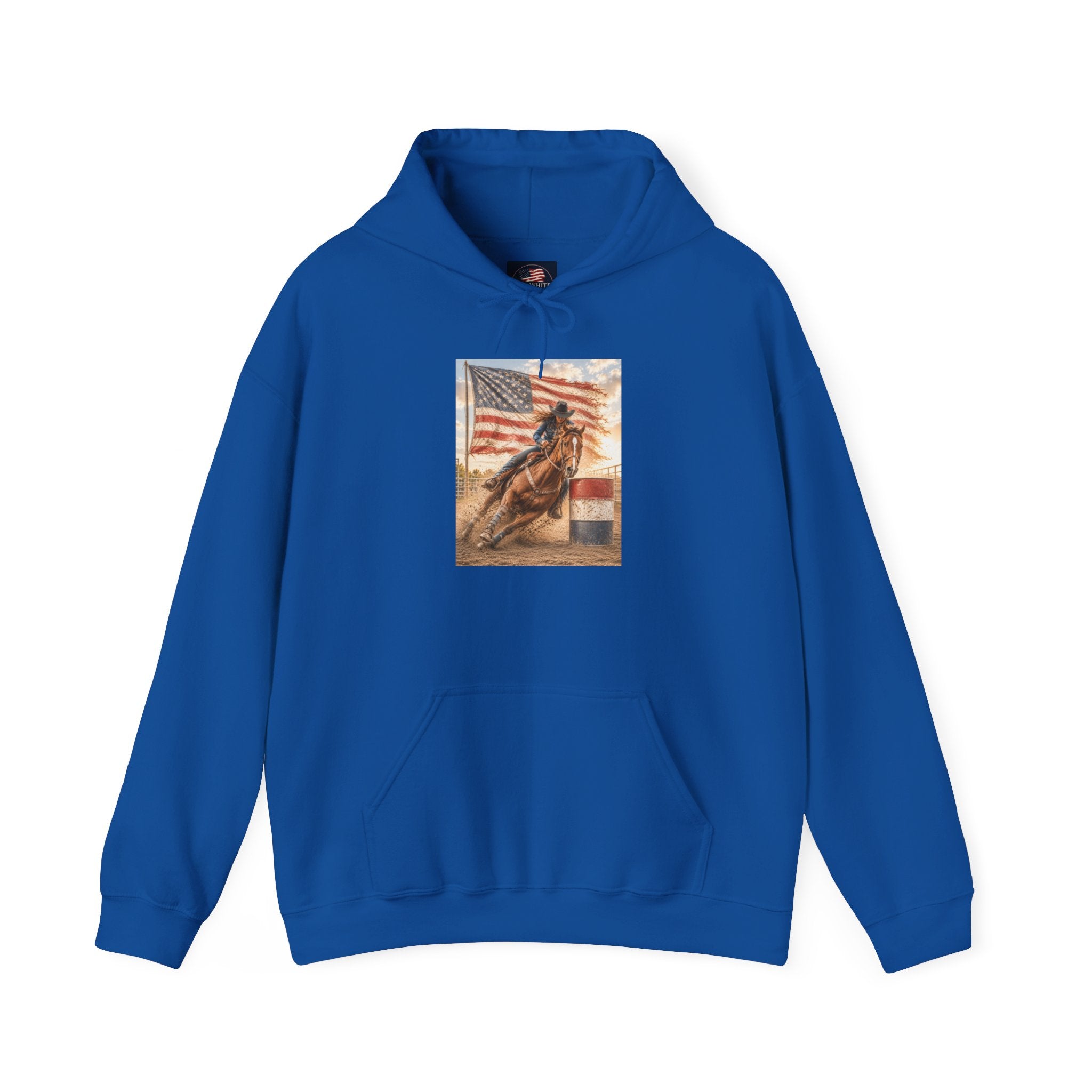 Patriotic Rodeo Horse Hoodie – American Flag Cowboy Pulled by Horse Pullover