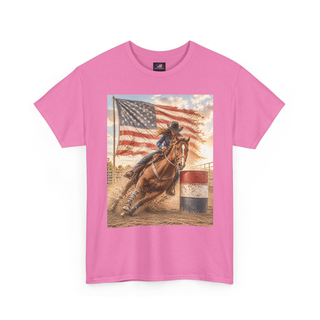 Patriotic Rodeo Barrel Racer T-Shirt — American Flag Horse Racing Tee