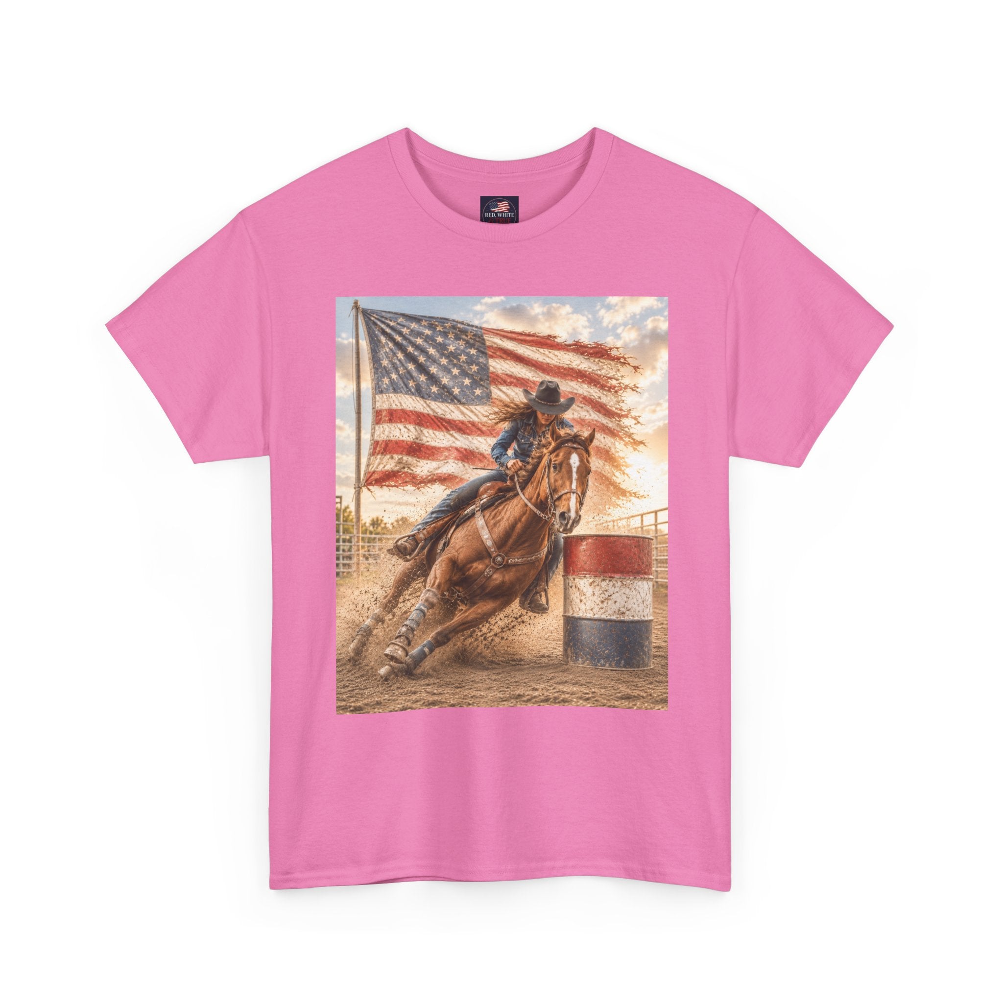 Patriotic Rodeo Barrel Racer T-Shirt — American Flag Horse Racing Tee