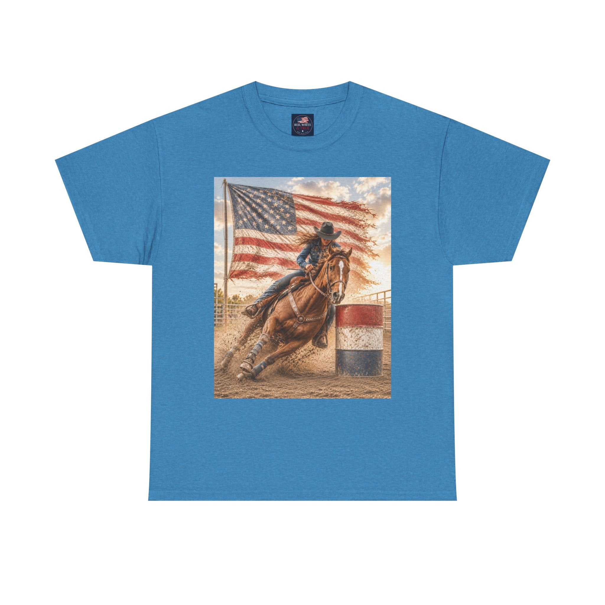 Patriotic Rodeo Barrel Racer T-Shirt — American Flag Horse Racing Tee