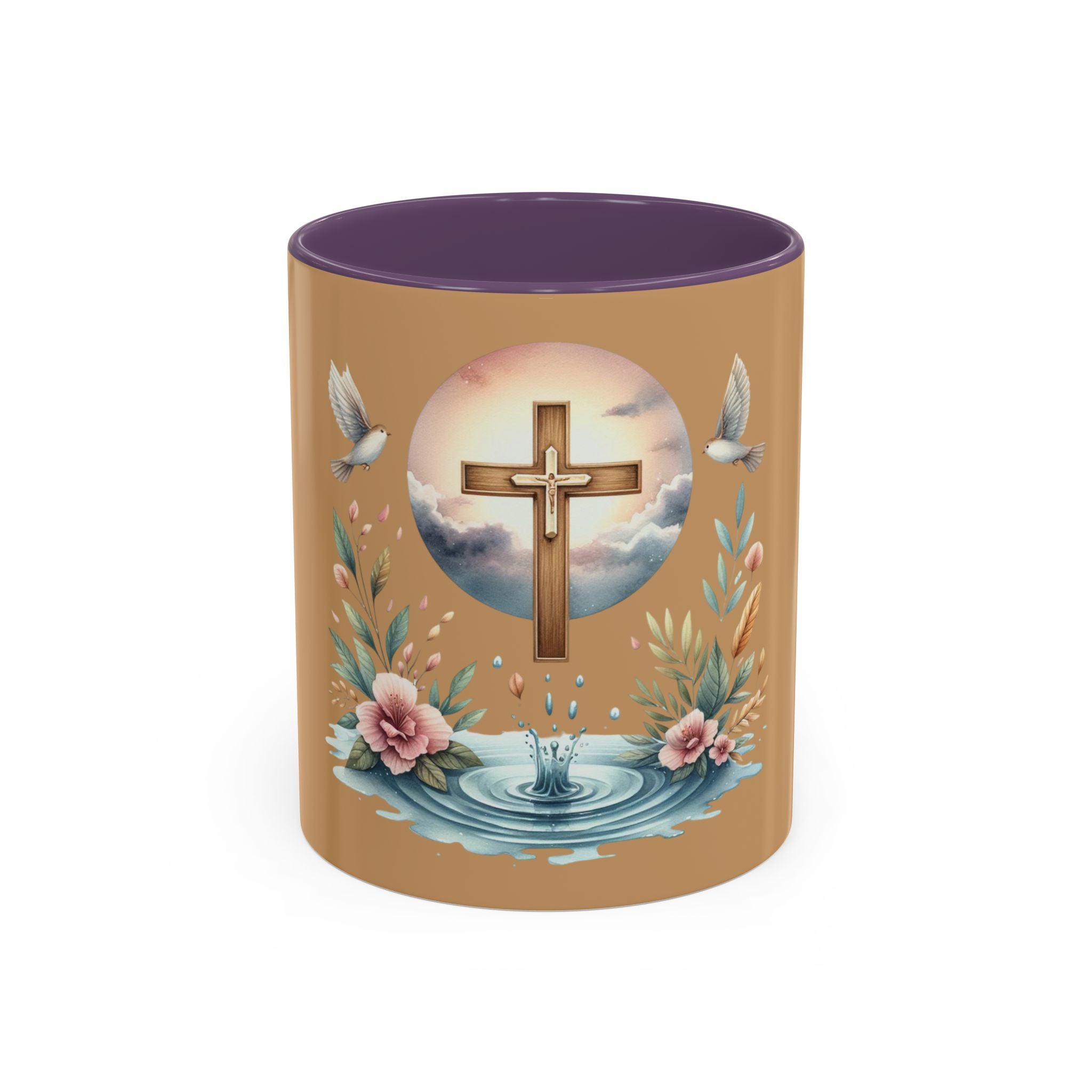 Christian Cross Accent Coffee Mug — Faith, Doves & Floral Baptism Gift (11/15oz)