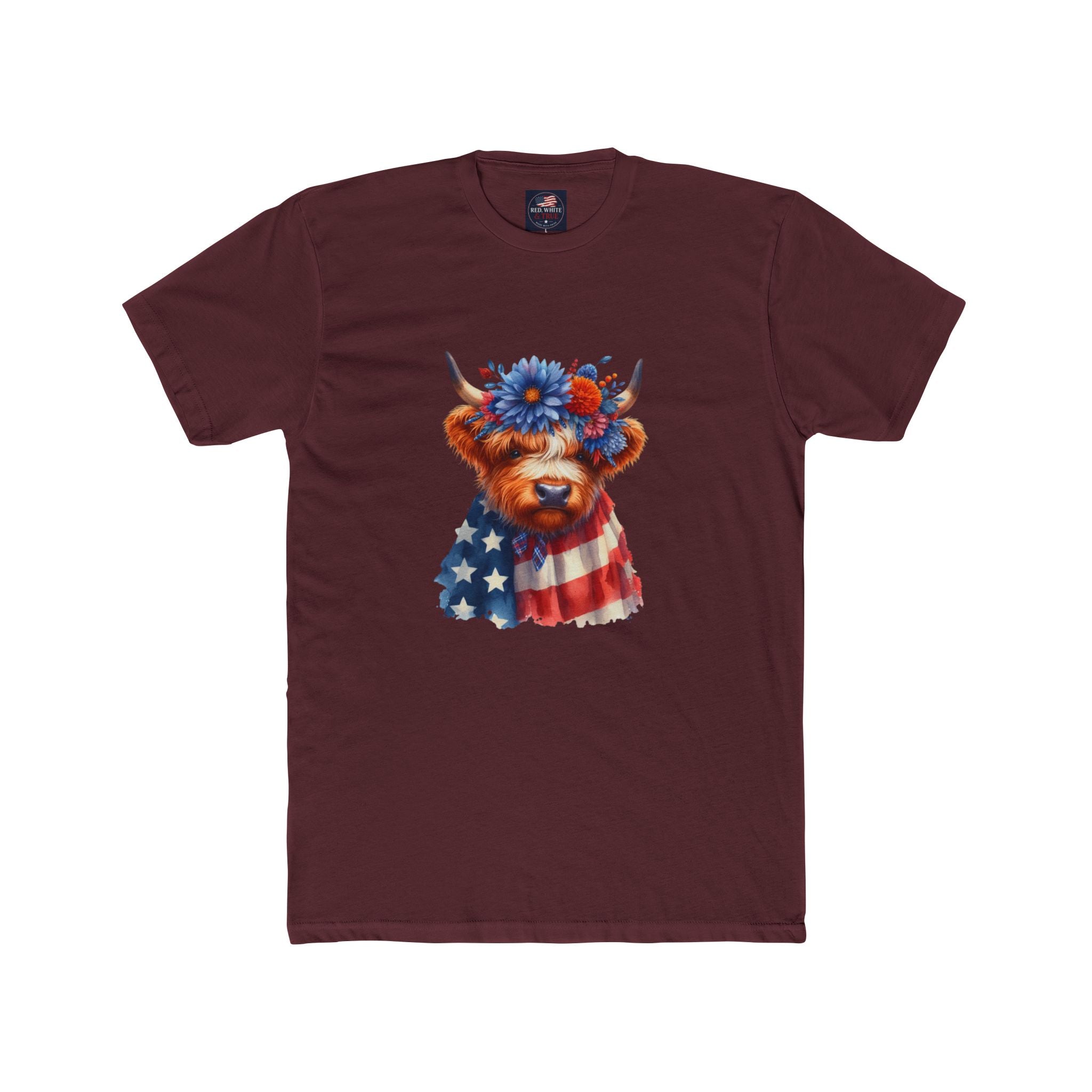 Patriotic Highland Cow T‑Shirt – American Flag & Floral Cow Graphic