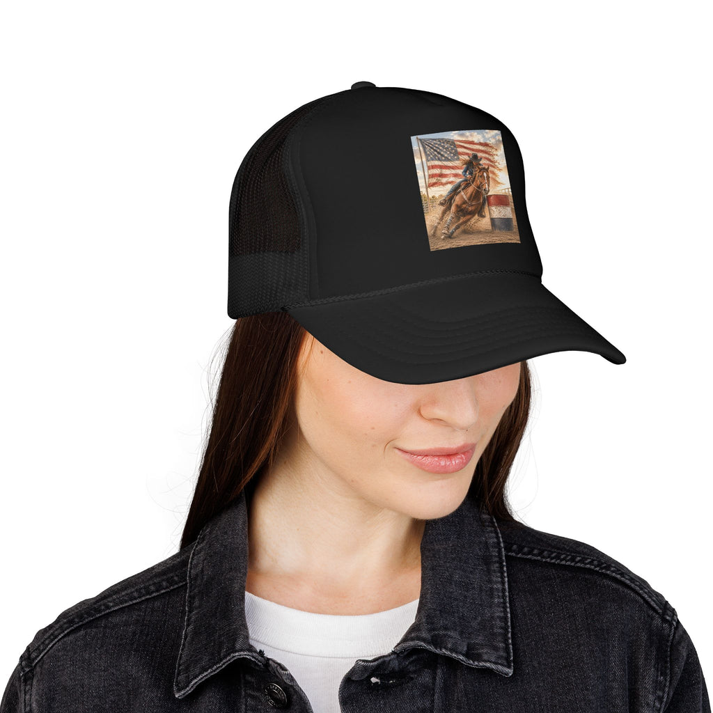 Western Rodeo Trucker Hat — Barrel Racing Horse with American Flag