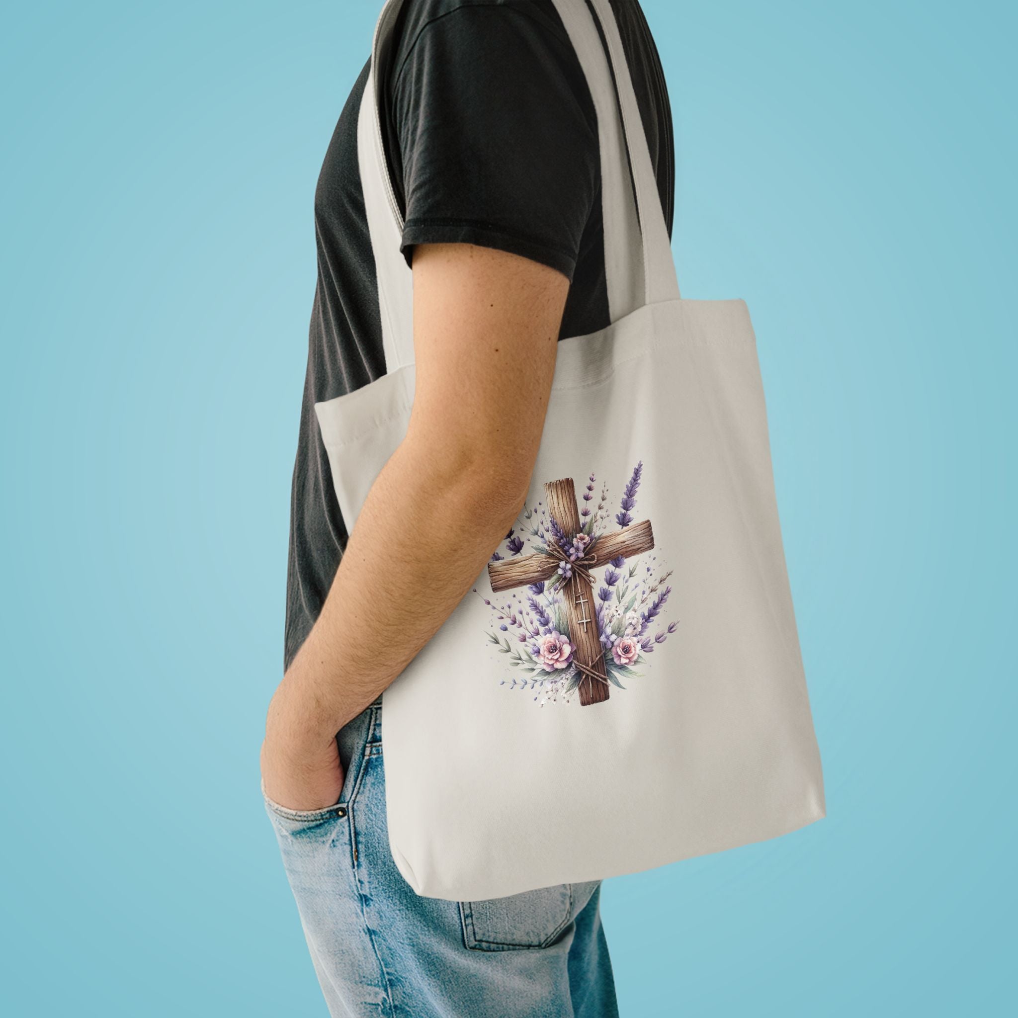 Floral Cross Cotton Tote Bag - Christian Easter Floral Grocery Tote