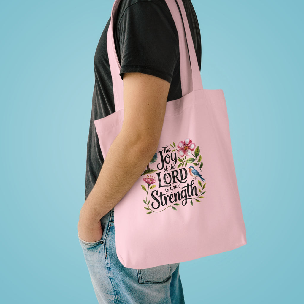 Floral Scripture Tote Bag — "The Joy of the Lord Is Your Strength" Cotton Shopper