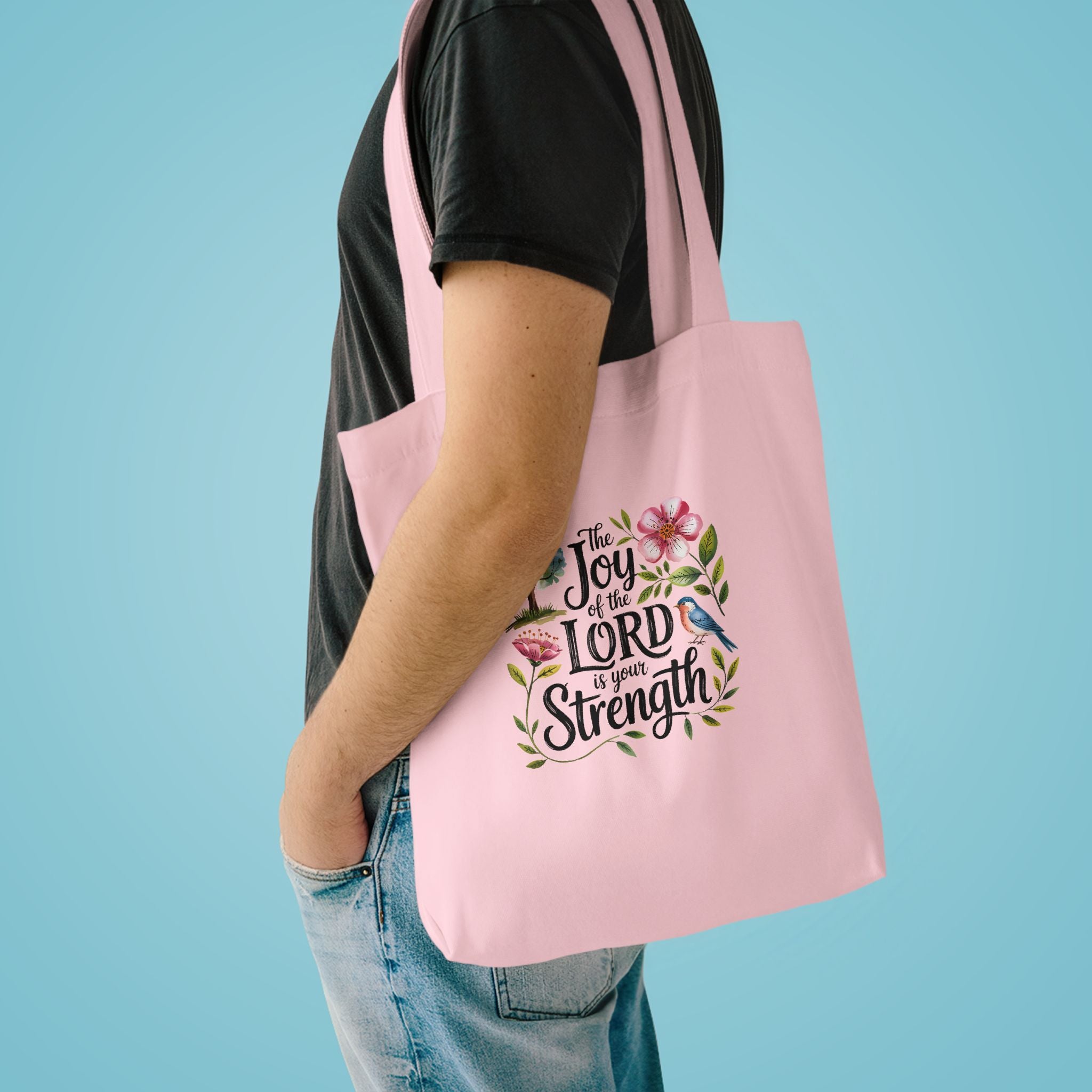 Floral Scripture Tote Bag — "The Joy of the Lord Is Your Strength" Cotton Shopper