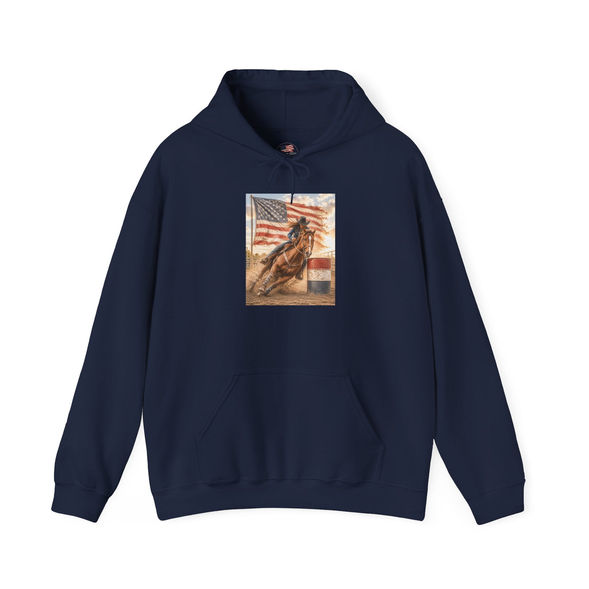 Patriotic Rodeo Horse Hoodie – American Flag Cowboy Pulled by Horse Pullover