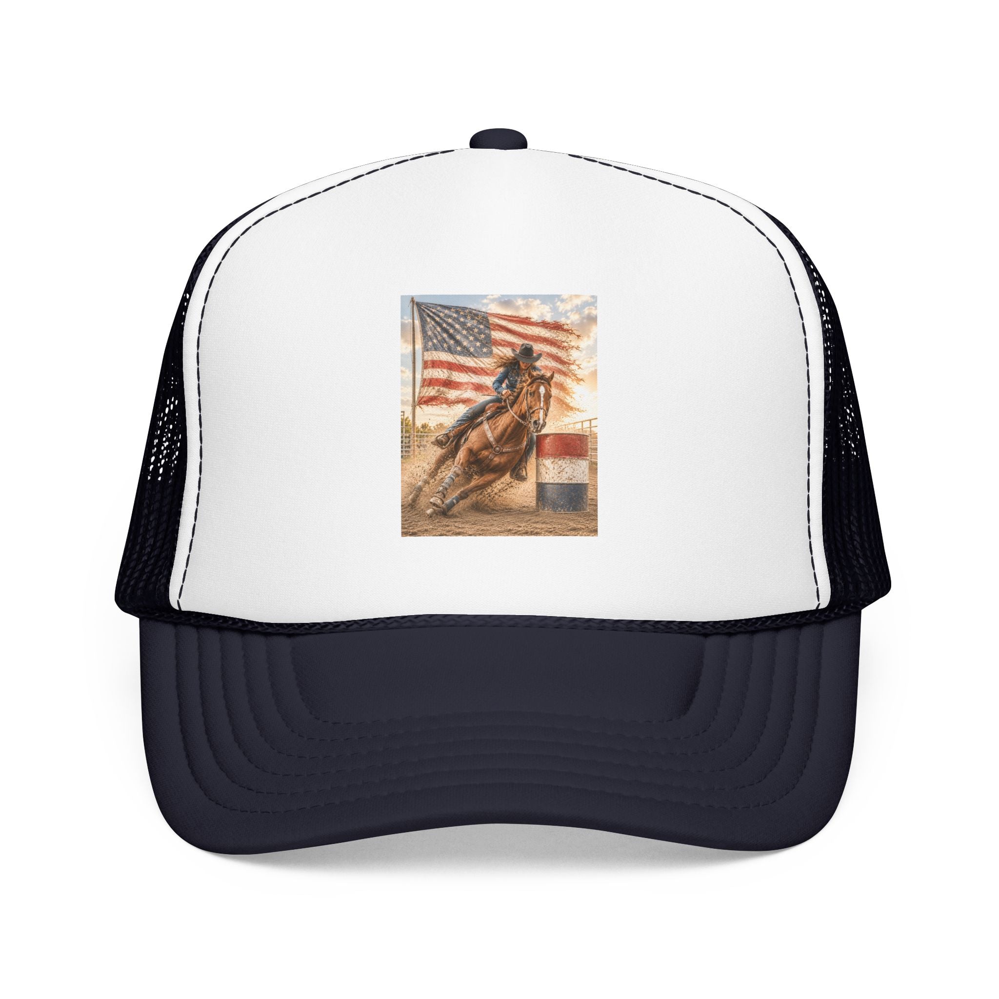 Western Rodeo Trucker Hat — Barrel Racing Horse with American Flag