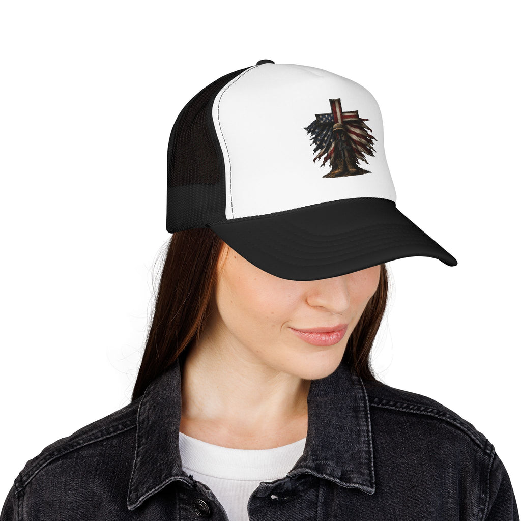 Patriotic Cross Trucker Hat — American Flag Feather Cross Foam Cap