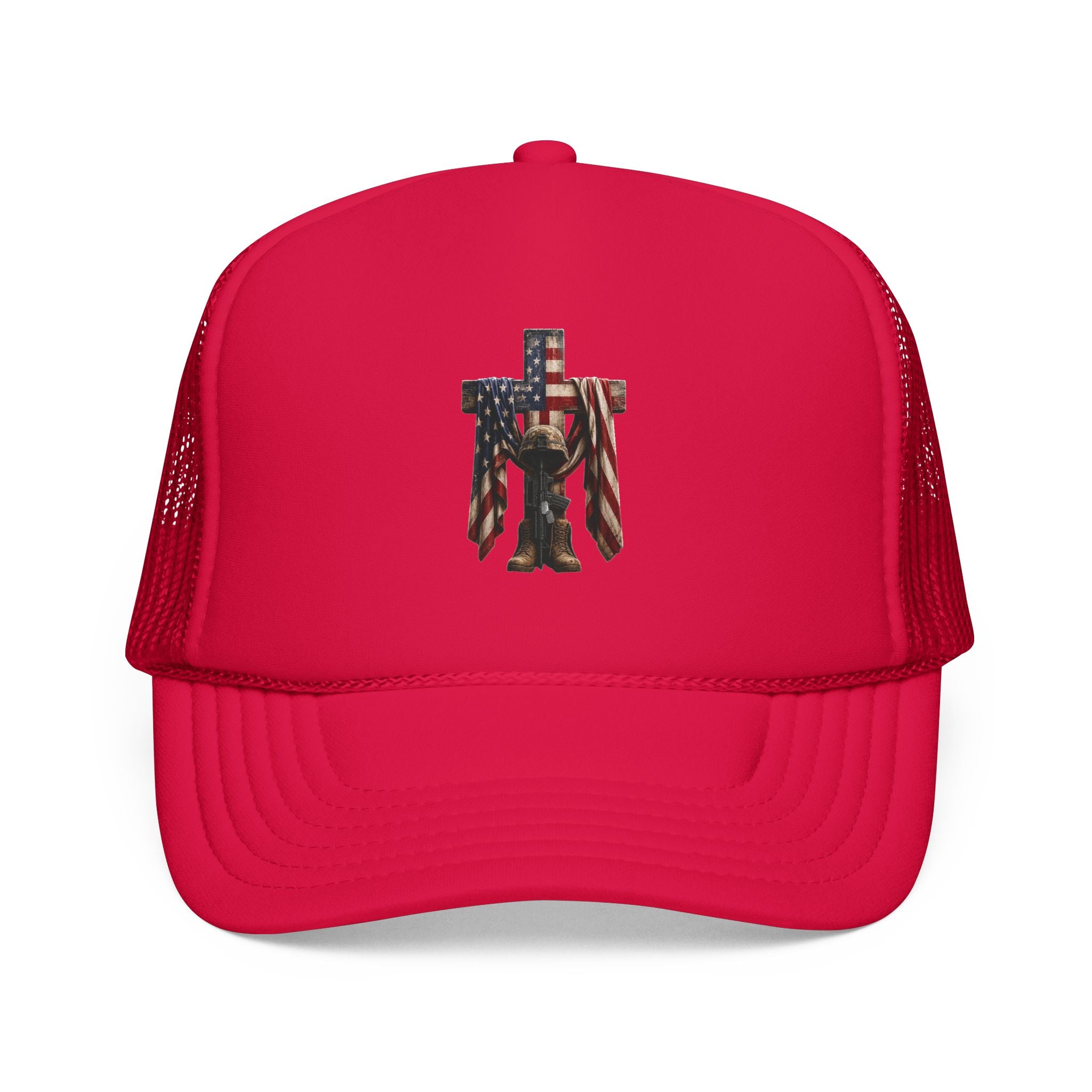 Trucker Hat — American Flag Cross with Soldier Memorial Design