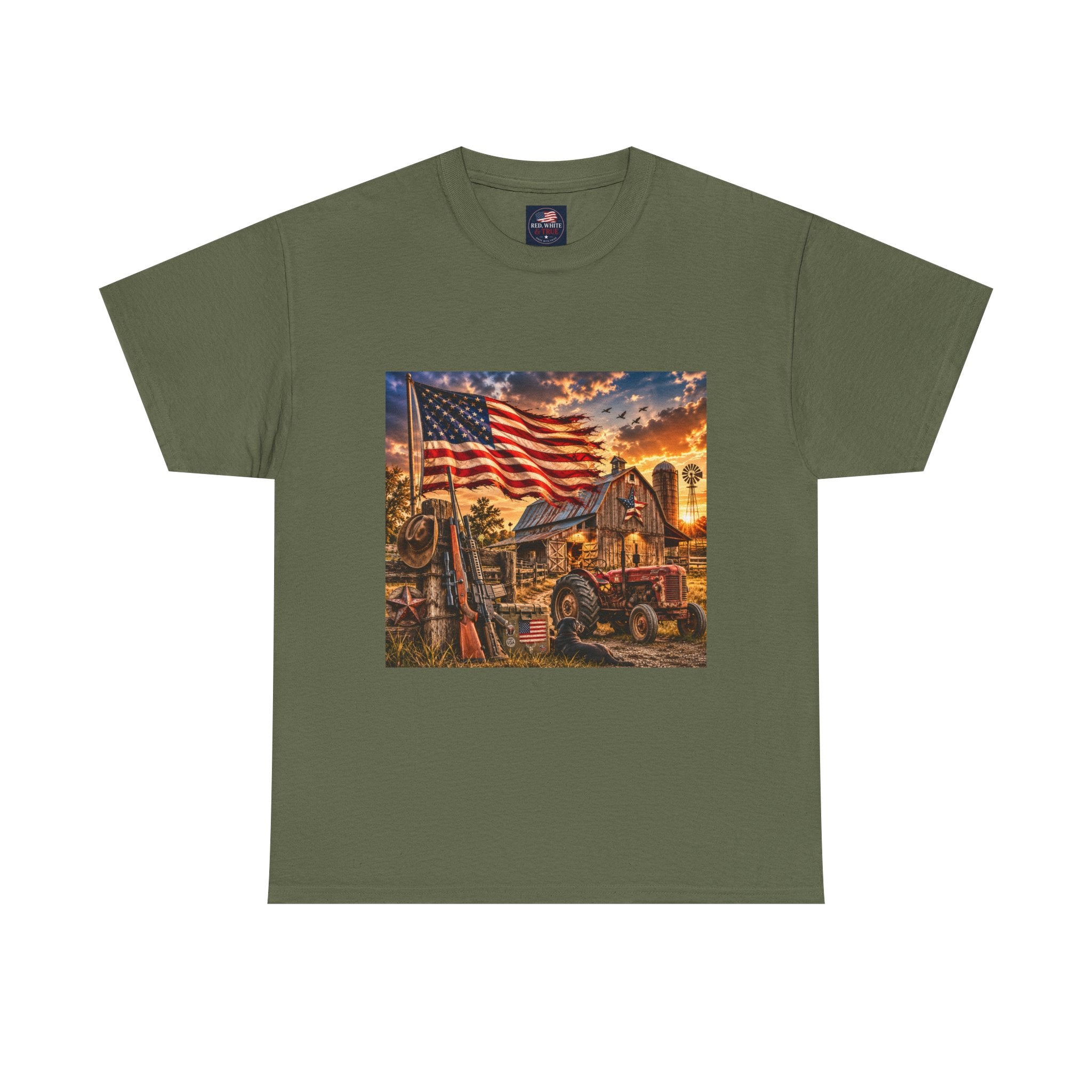 American Farm Sunset T-Shirt – Vintage Truck & Flag Rustic Patriotic Tee