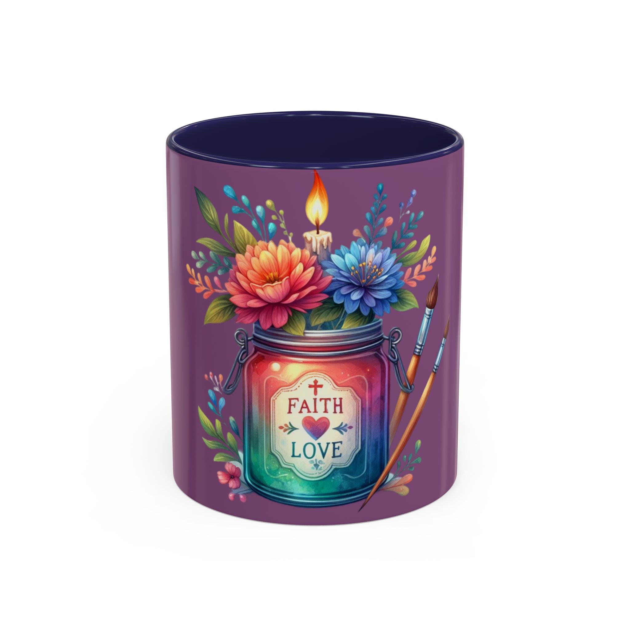 Faith & Love Floral Accent Coffee Mug — Colorful Candle Jar Design (11/15oz)