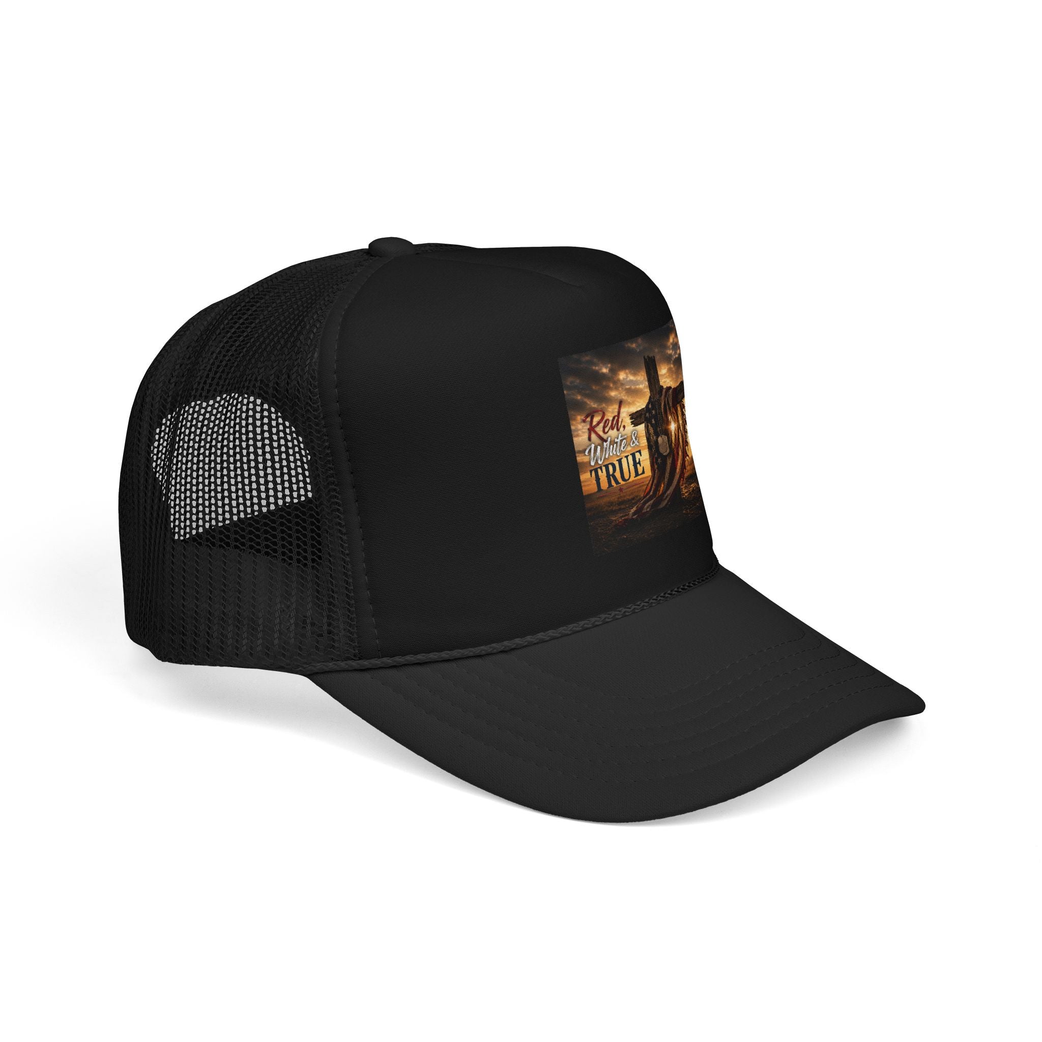 Trucker Hat — "God Made A Farmer" Cross Sunset Foam Trucker Hat