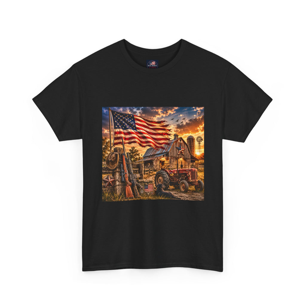 American Farm Sunset T-Shirt – Vintage Truck & Flag Rustic Patriotic Tee
