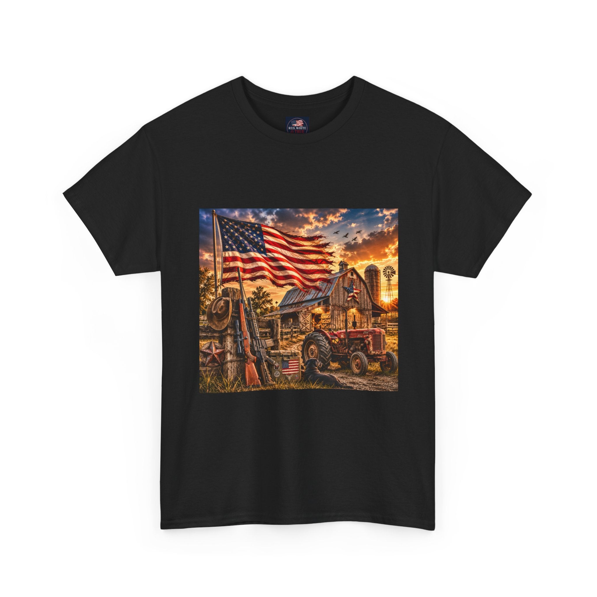 American Farm Sunset T-Shirt – Vintage Truck & Flag Rustic Patriotic Tee