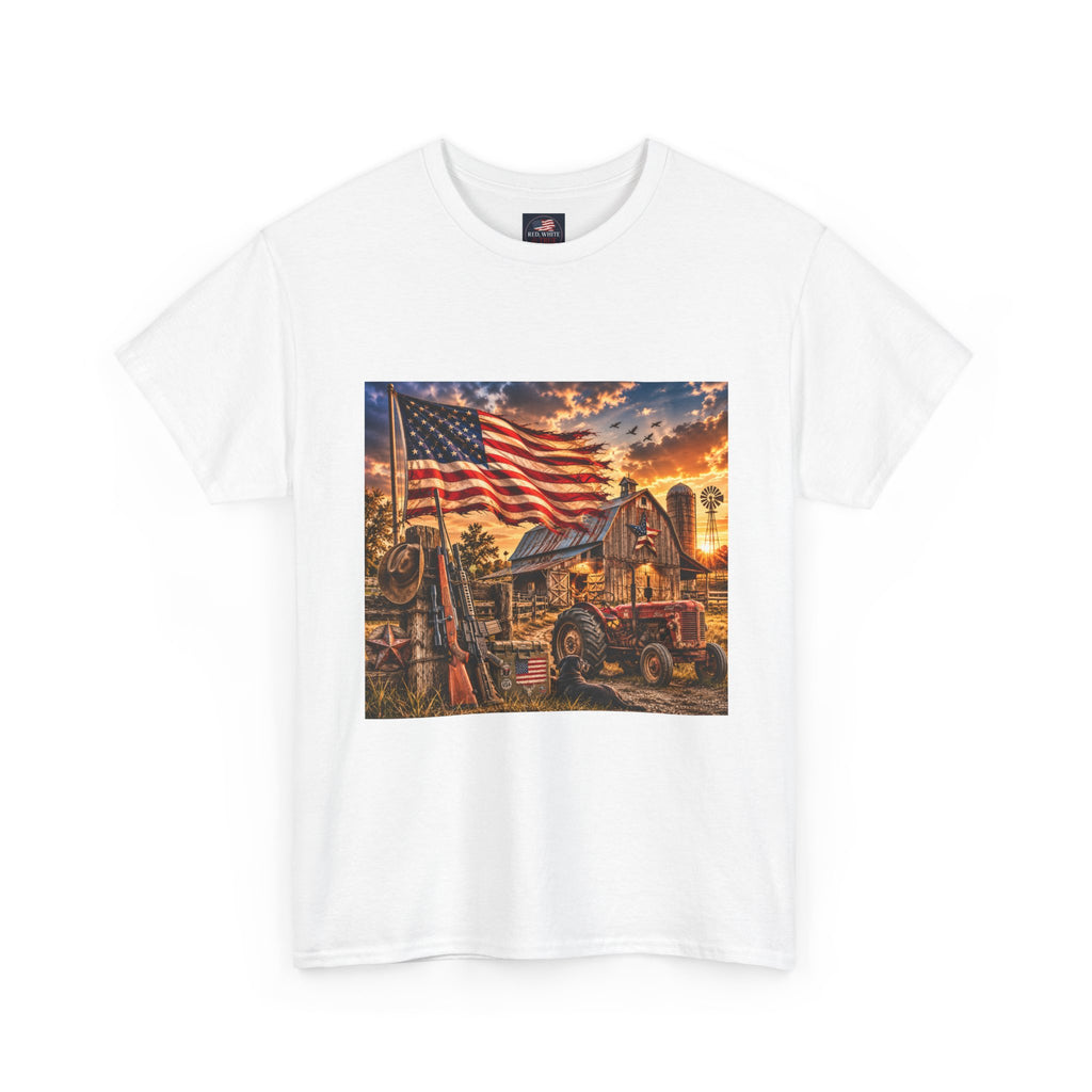 American Farm Sunset T-Shirt – Vintage Truck & Flag Rustic Patriotic Tee