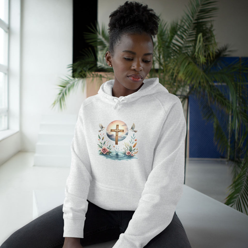 Christian Cross Floral Hoodie – Faith, Doves & Water Illustration
