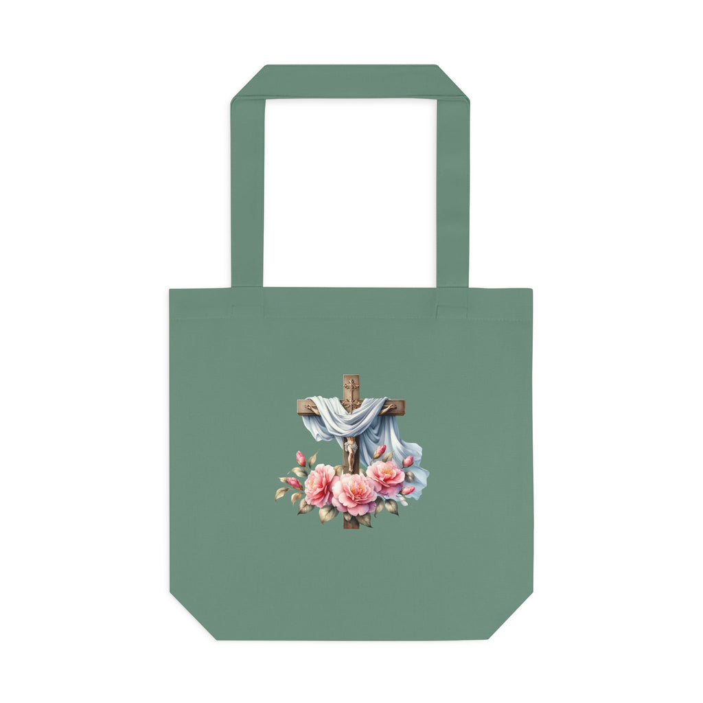 Religious Cross & Roses Cotton Tote Bag — Faith Floral Market Bag