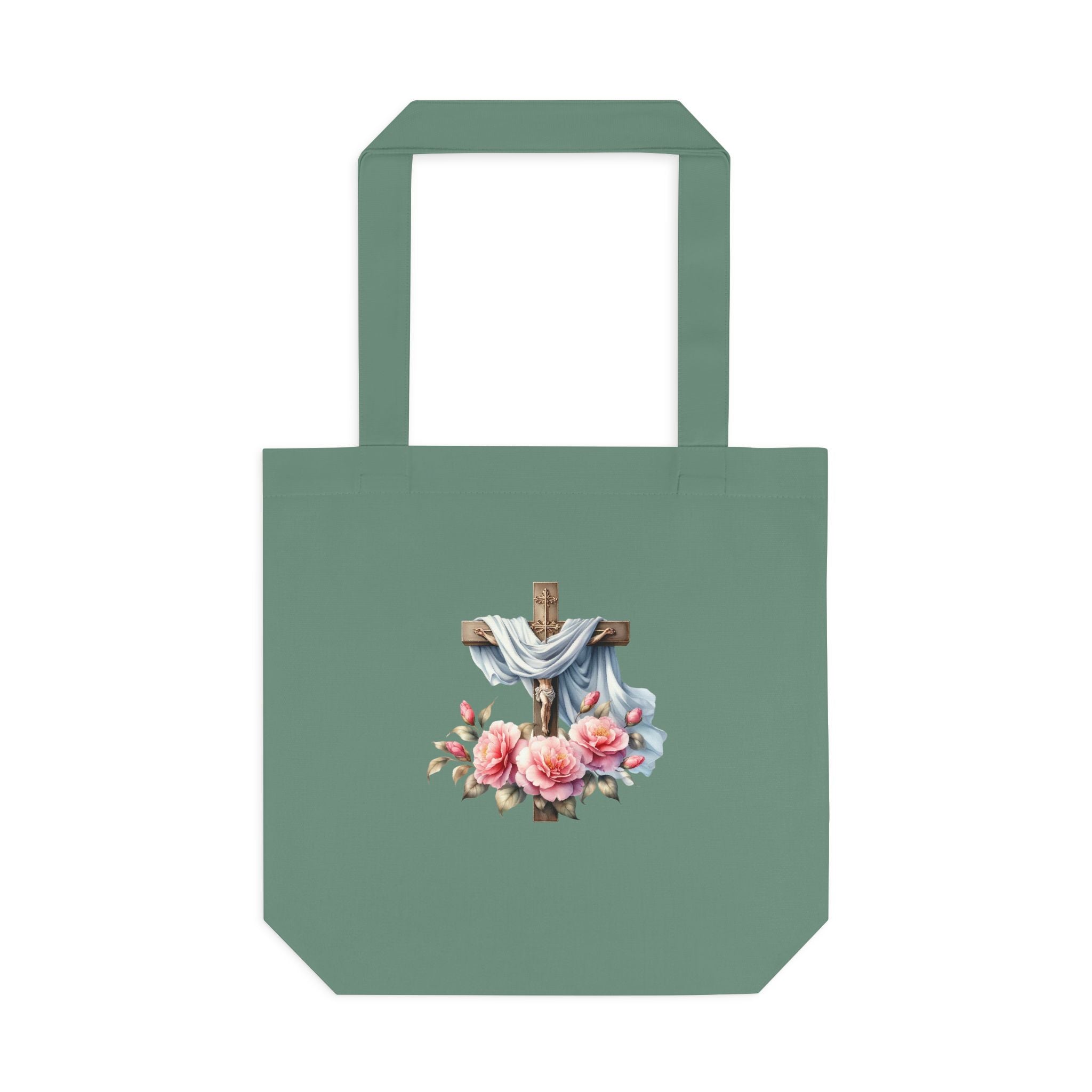 Religious Cross & Roses Cotton Tote Bag — Faith Floral Market Bag