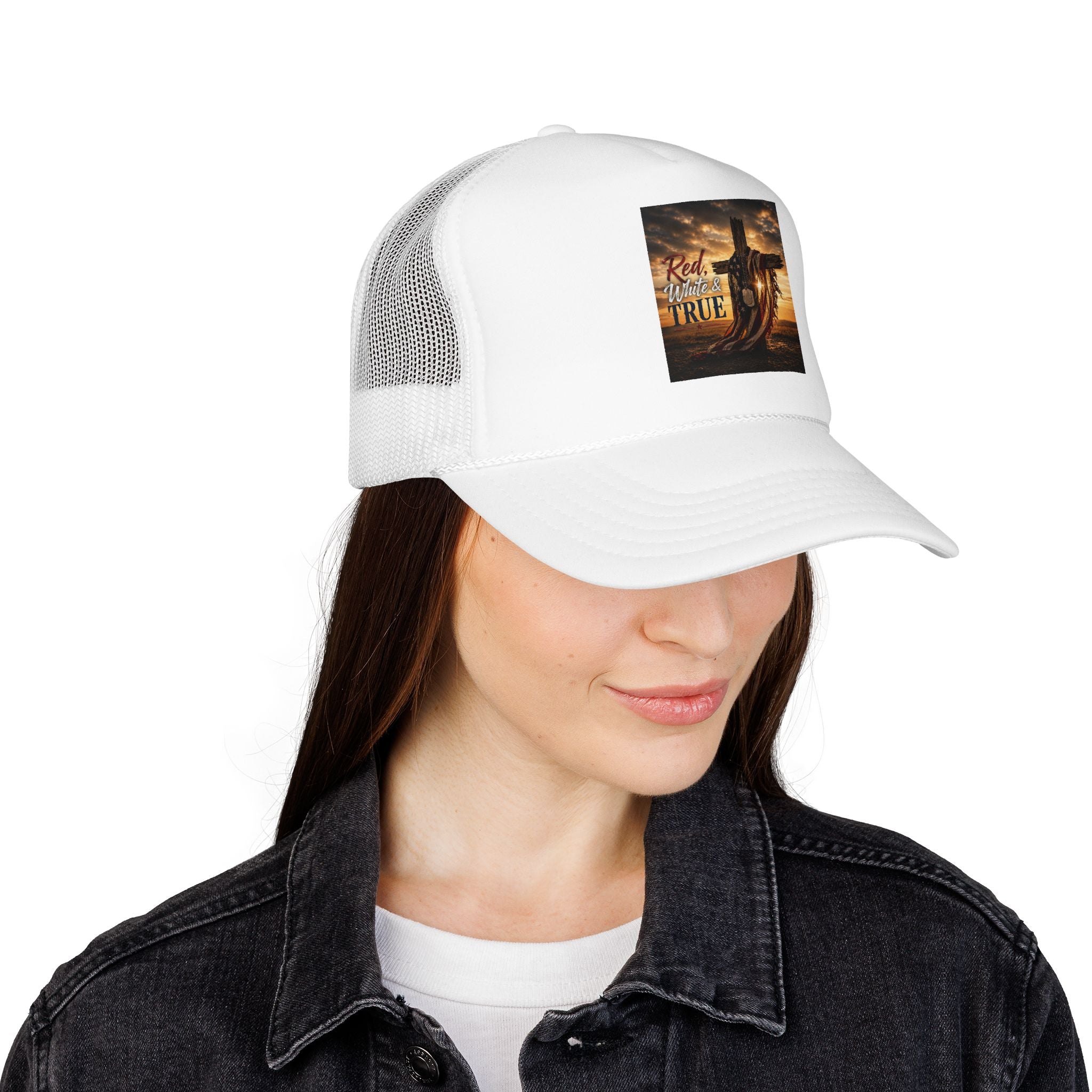 Trucker Hat — "God Made A Farmer" Cross Sunset Foam Trucker Hat