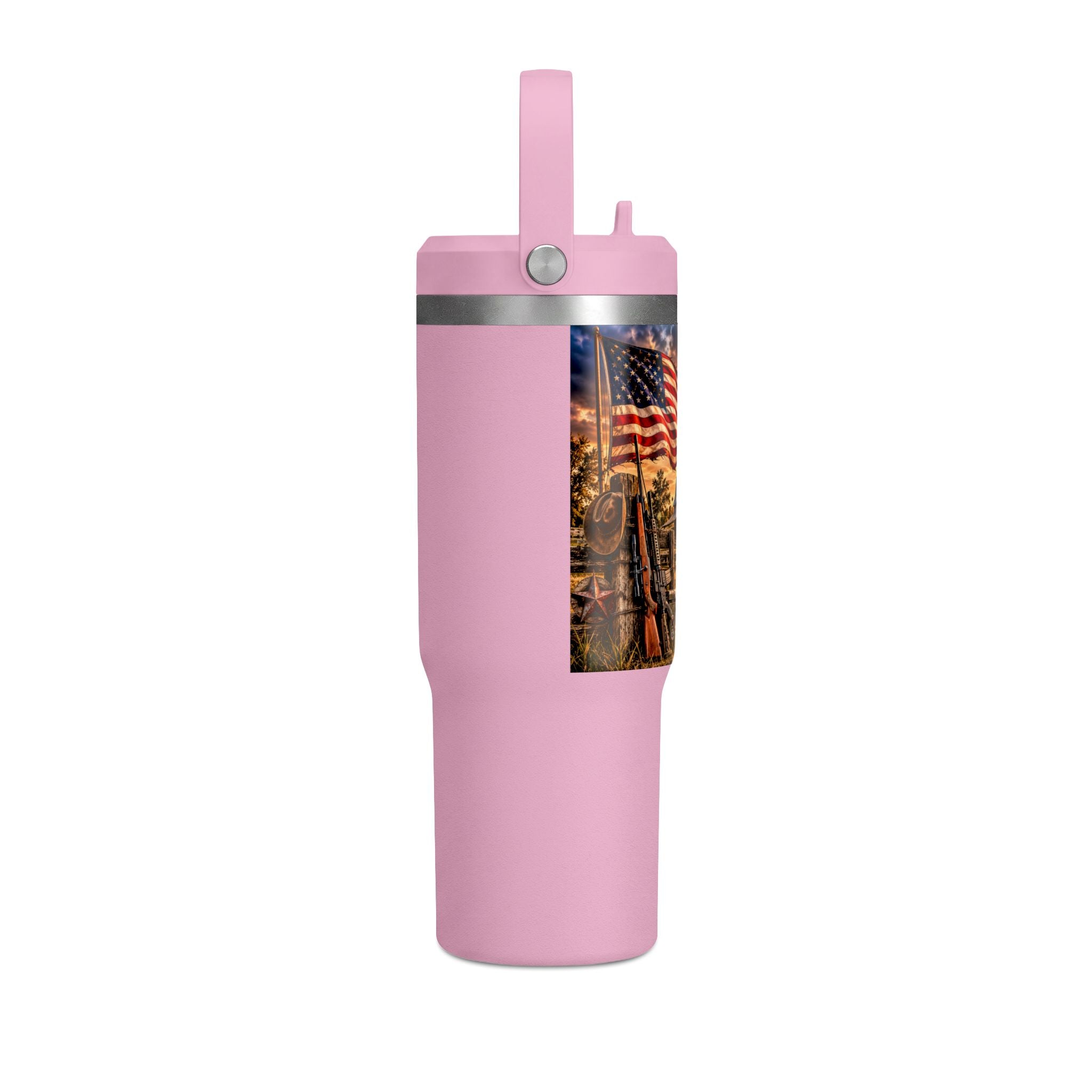 32oz Nomad Tumbler — Patriotic American Flag & Rustic Farm Scene Insulated Travel Mug