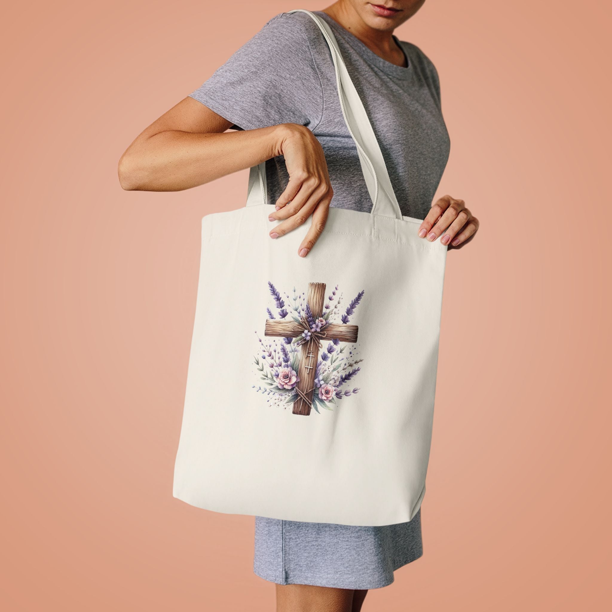 Floral Cross Cotton Tote Bag - Christian Easter Floral Grocery Tote