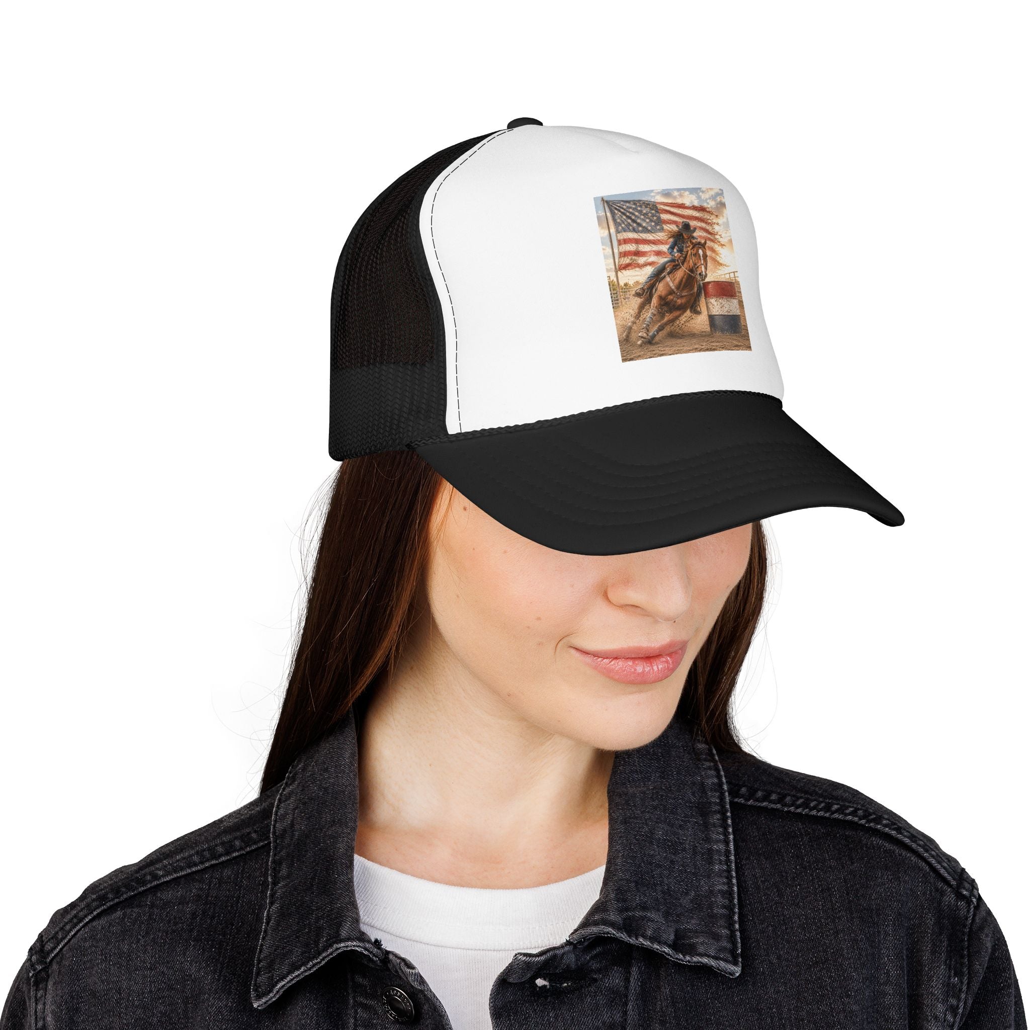 Western Rodeo Trucker Hat — Barrel Racing Horse with American Flag